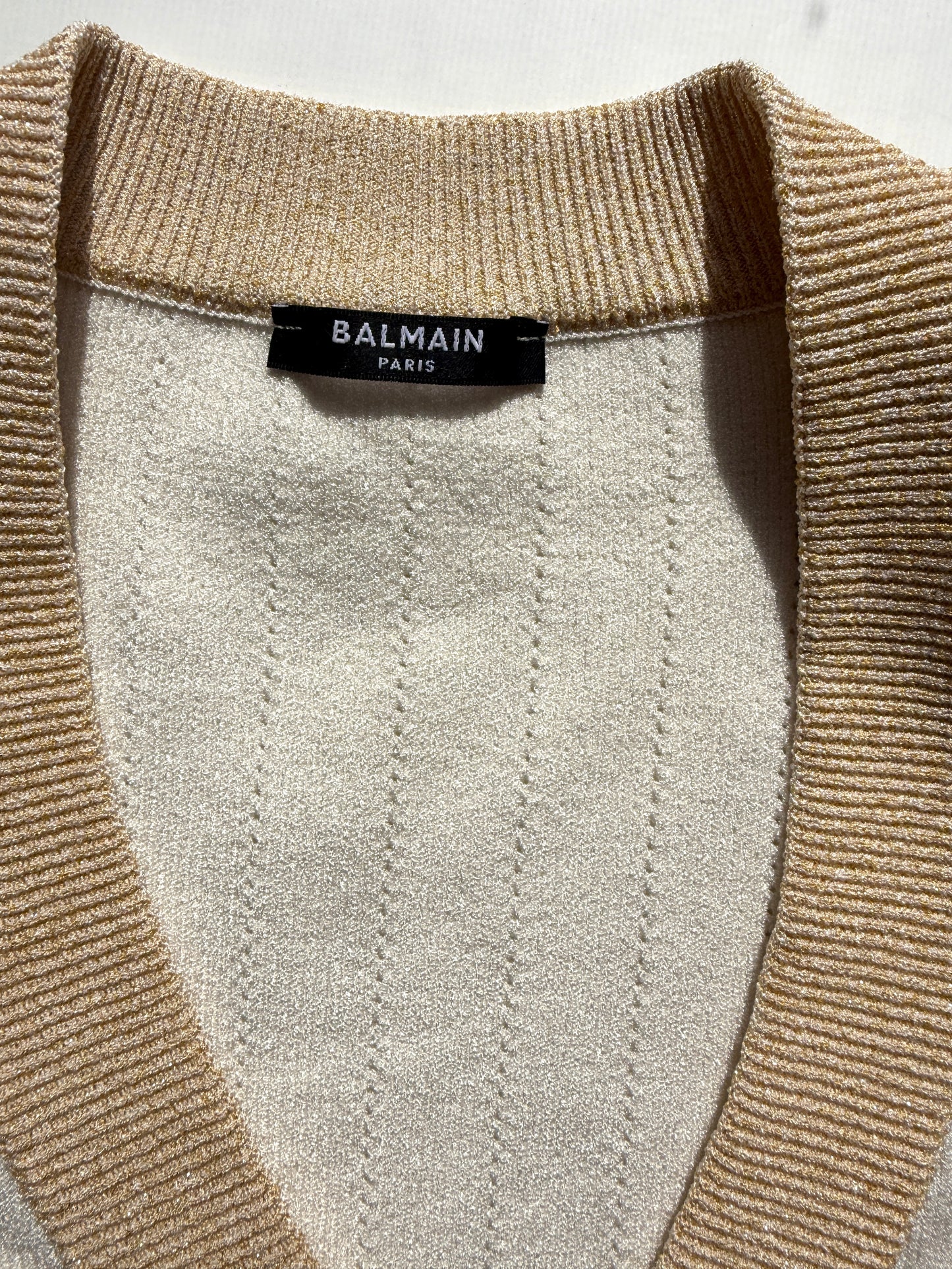 Balmain Off White Gold Ribbed Knit Cropped Cardigan 38 6