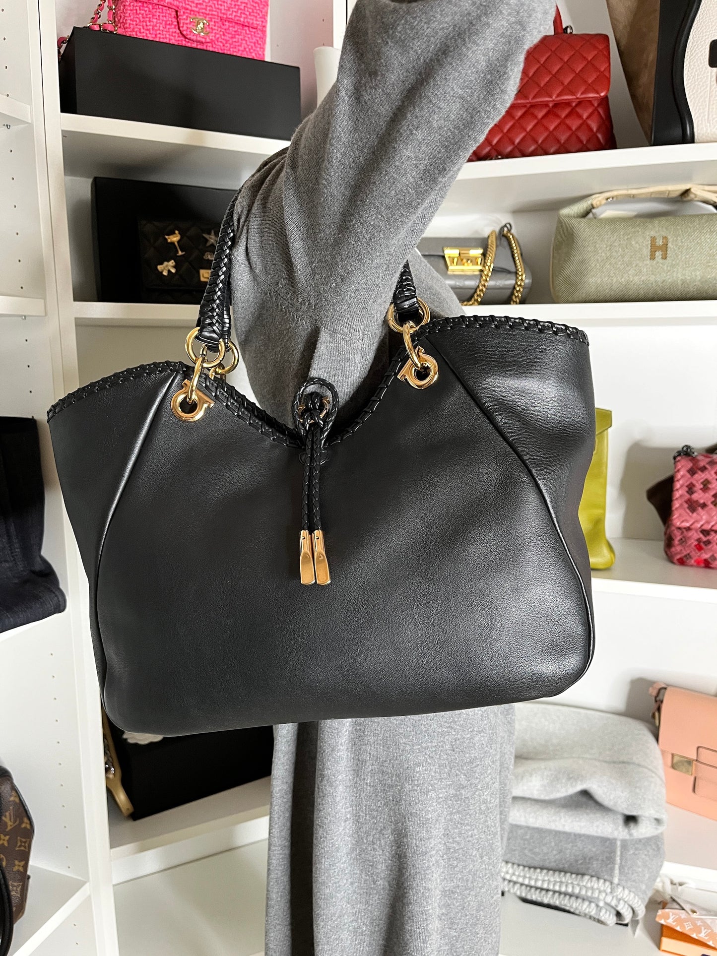 Salvatore Ferragamo Black Gancini Braided Leather Tote Bag
