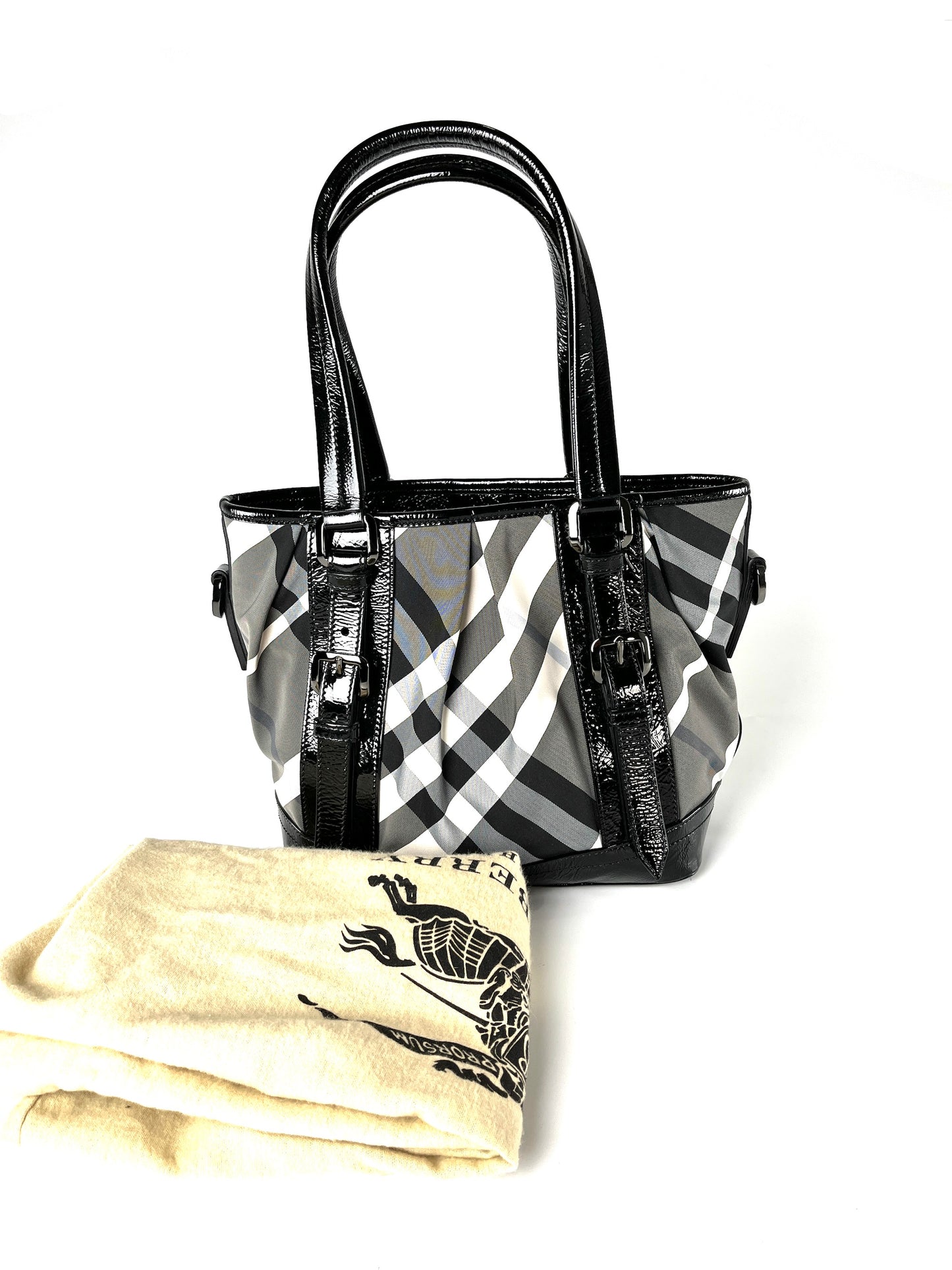 Burberry Nylon Leather Black Beat Check Lowry Tote Bag