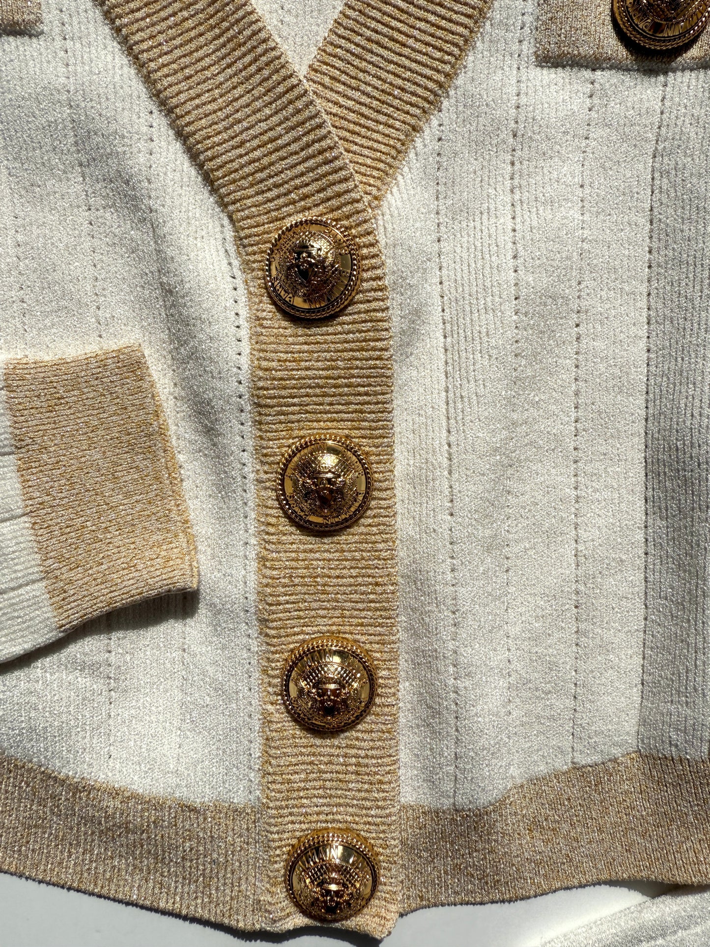 Balmain Off White Gold Ribbed Knit Cropped Cardigan 38 6