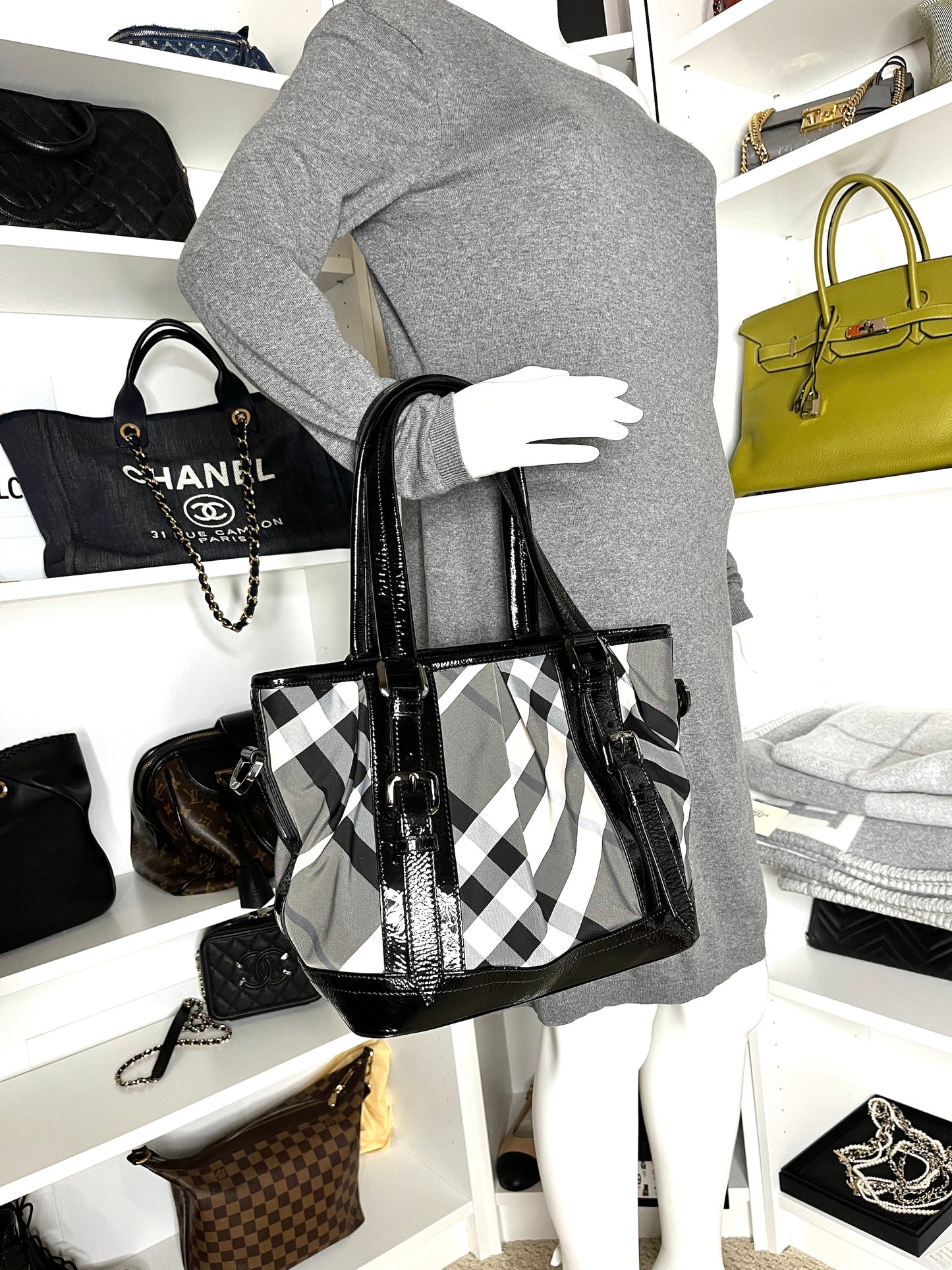 Burberry Nylon Leather Black Beat Check Lowry Tote Bag