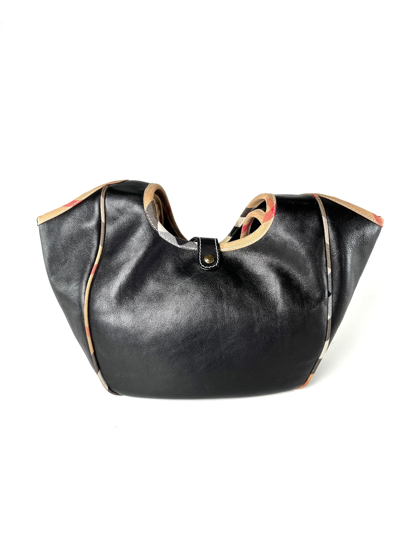 Burberry Black Leather Nova Check Trim Hobo Bag