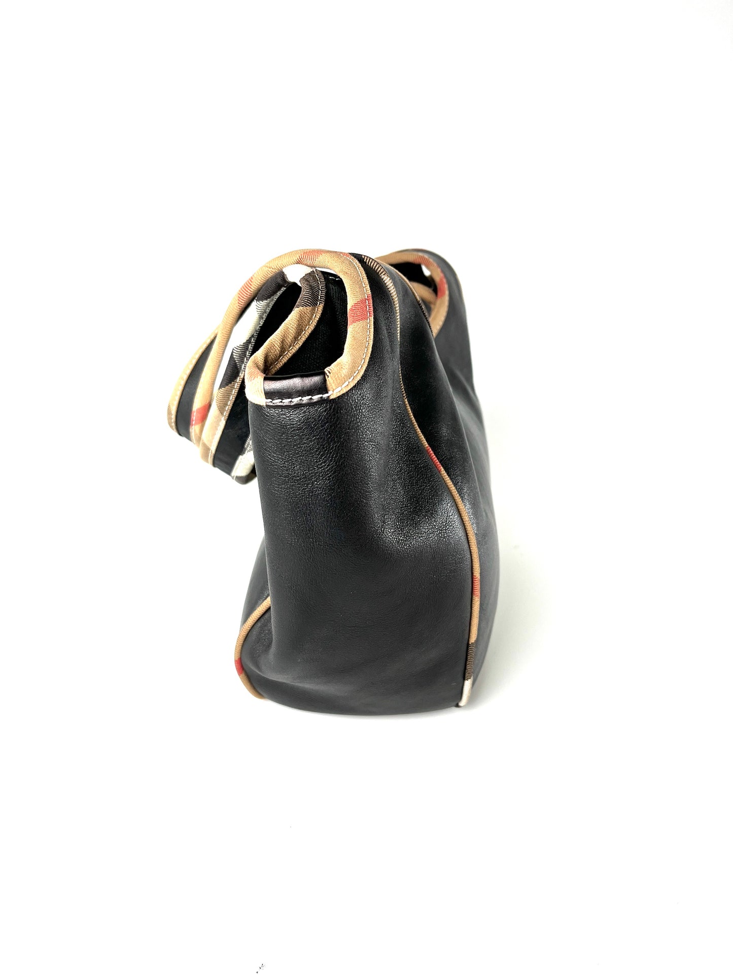 Burberry Black Leather Nova Check Trim Hobo Bag