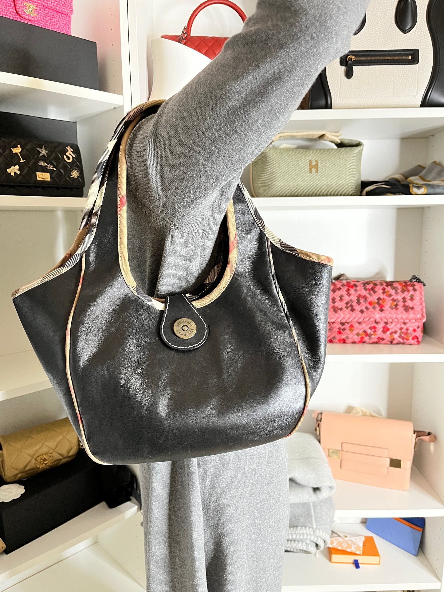 Burberry Black Leather Nova Check Trim Hobo Bag
