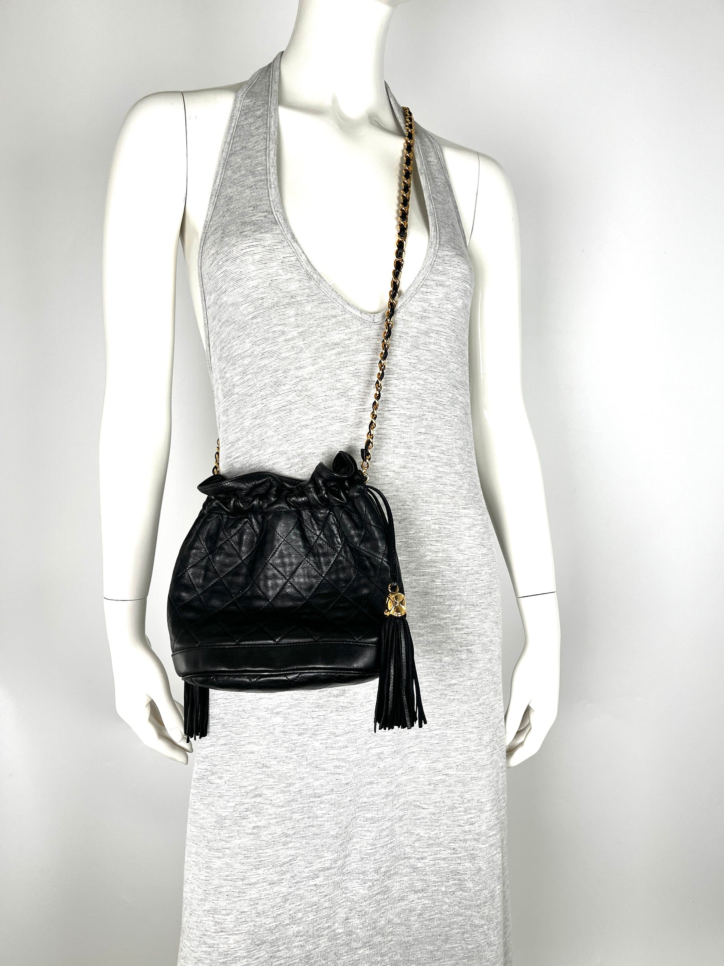 Vintage CHANEL 24k Gold Black Lambskin Leather Quilted Bucket Shoulder Bag
