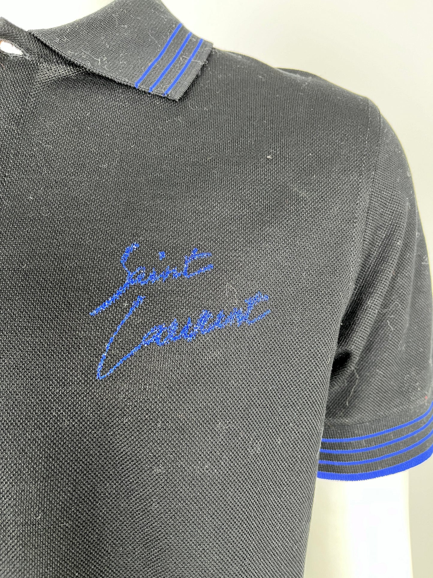 SAINT LAURENT Cotton Collared Short Sleeved Black Blue Logo Polo Shirt Top L