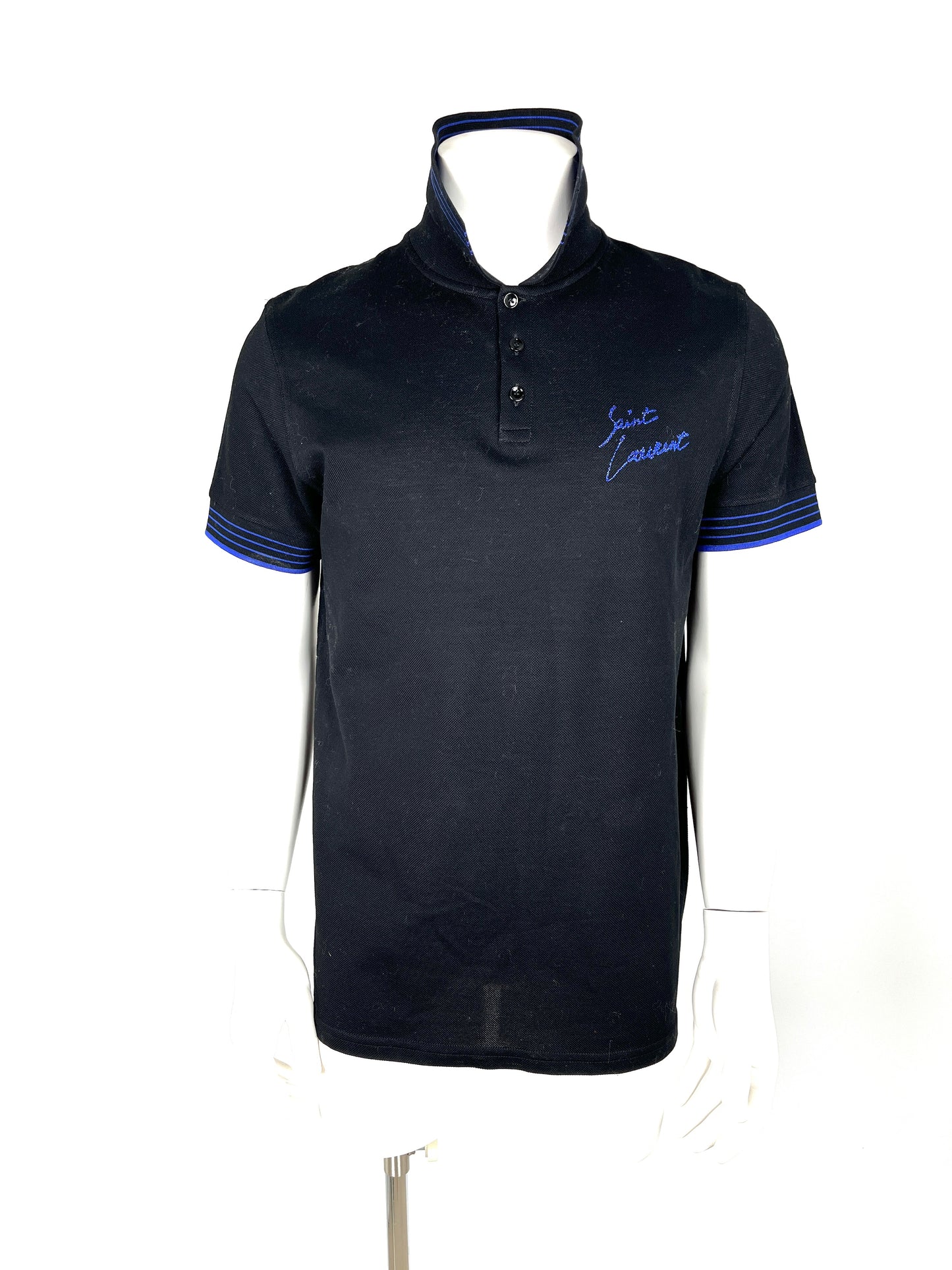 SAINT LAURENT Men's Cotton Collared Short Sleeved Black Blue Logo Polo Shirt Top L