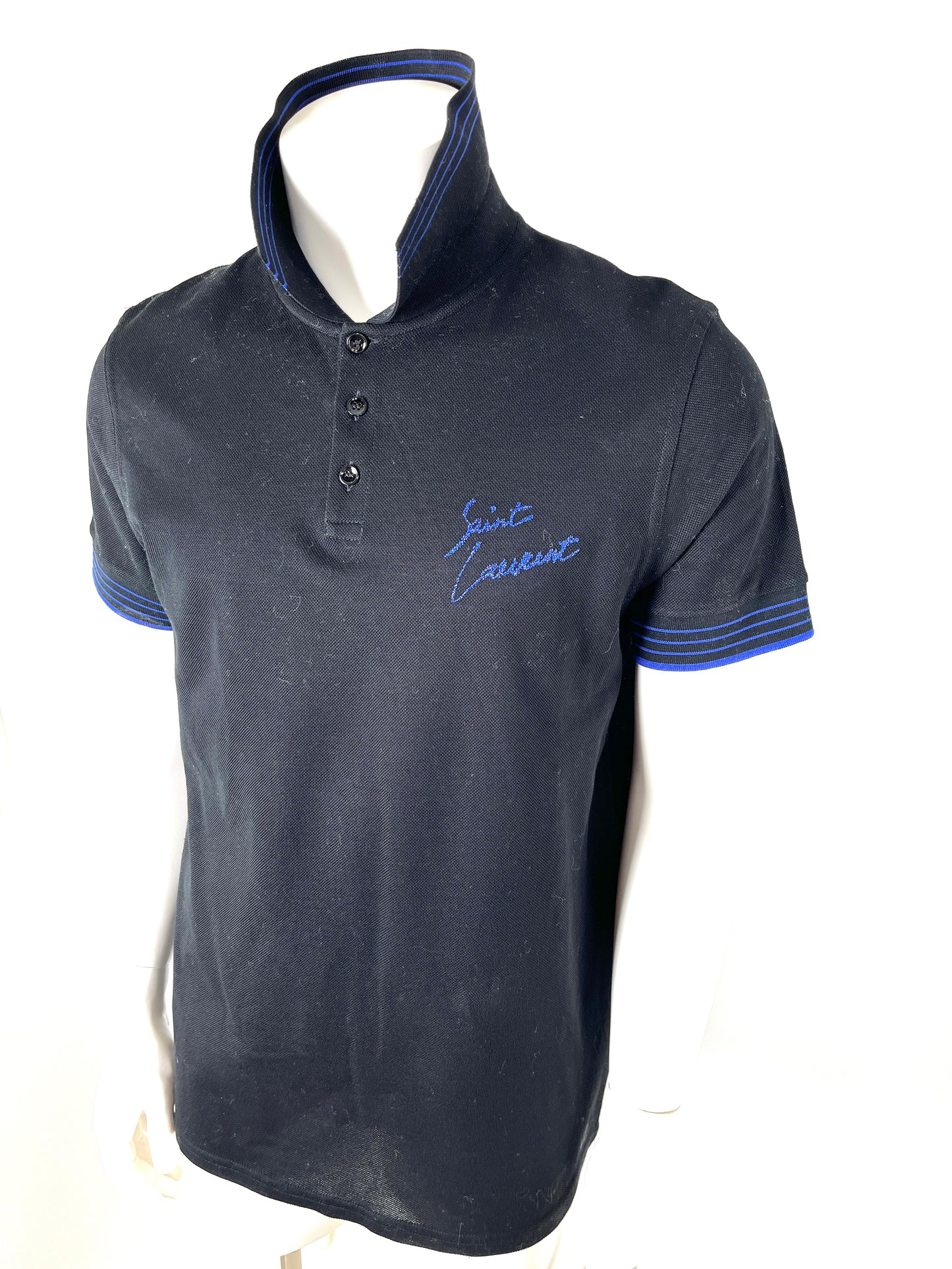 SAINT LAURENT Men's Cotton Collared Short Sleeved Black Blue Logo Polo Shirt Top L