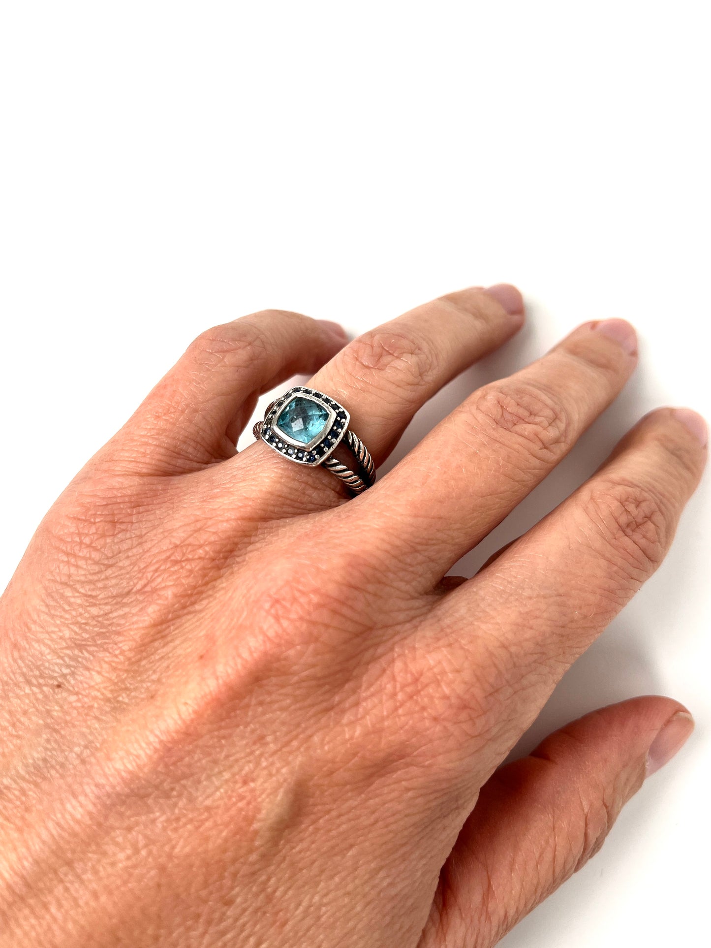 David Yurman Petite Albion Sterling Silver Black Diamond Topaz Cable Classic Ring 6