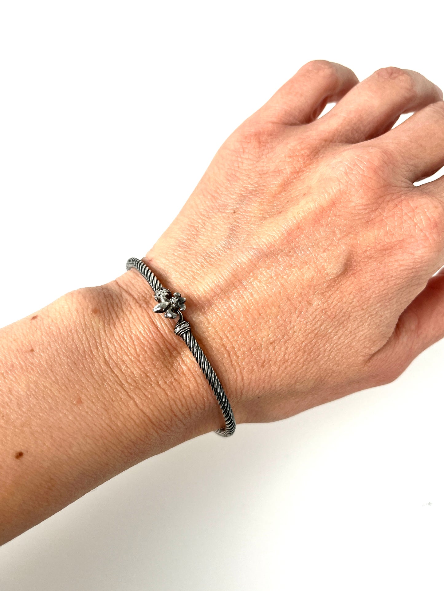 David Yurman Fleur de Lis Cable Collectibles Blackened Sterling Silver Diamond Cuff Bracelet