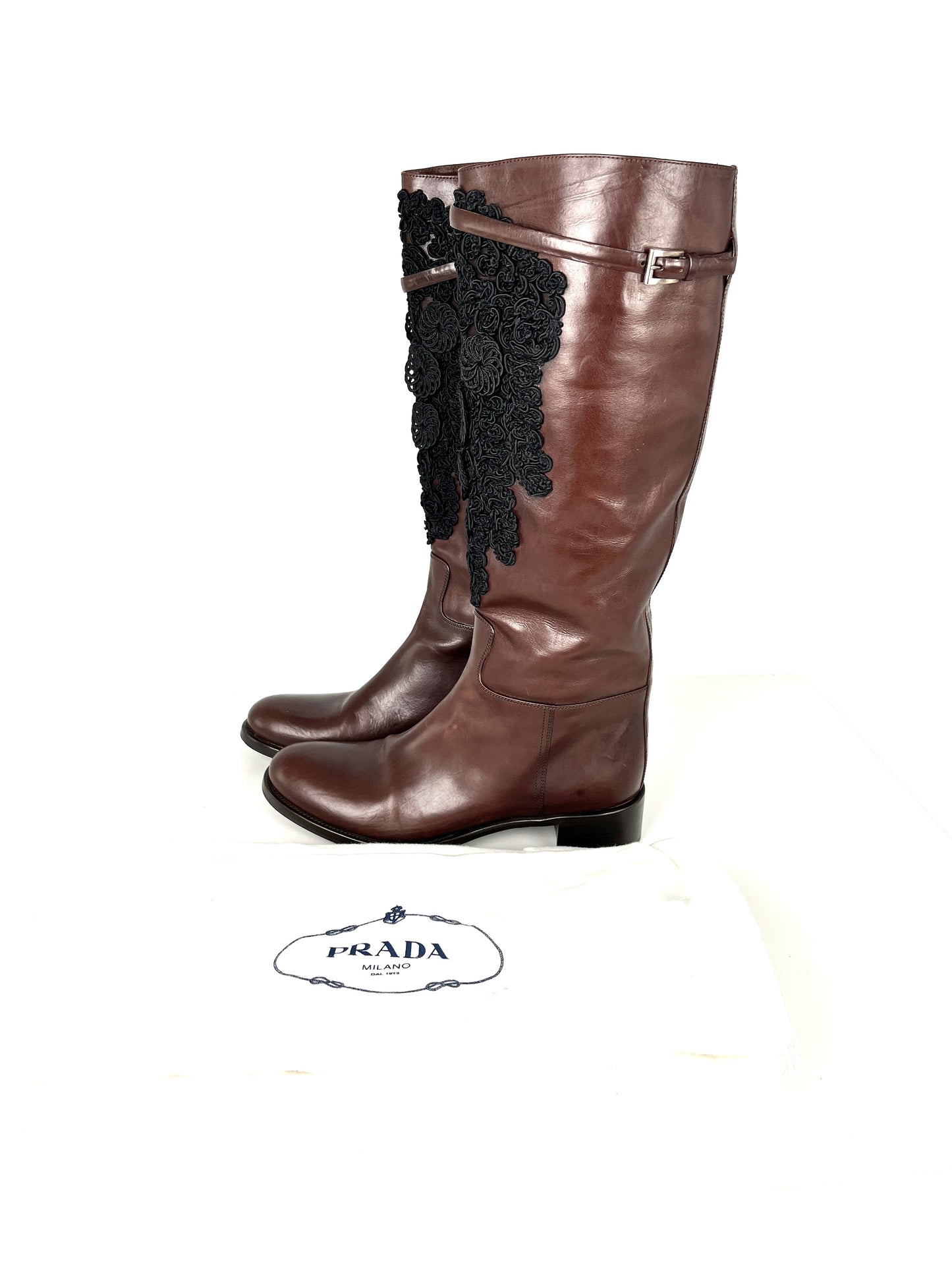 PRADA Soft Lux Ricami Dark Brown Black Leather Crochet Tall Knee Riding Boots 38, 8