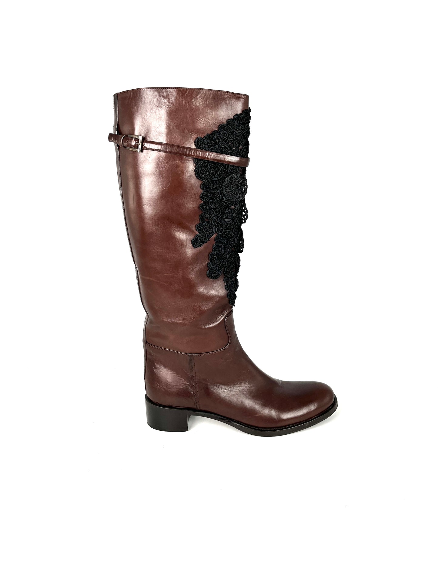 PRADA Soft Lux Ricami Dark Brown Black Leather Crochet Tall Knee Riding Boots 38, 8