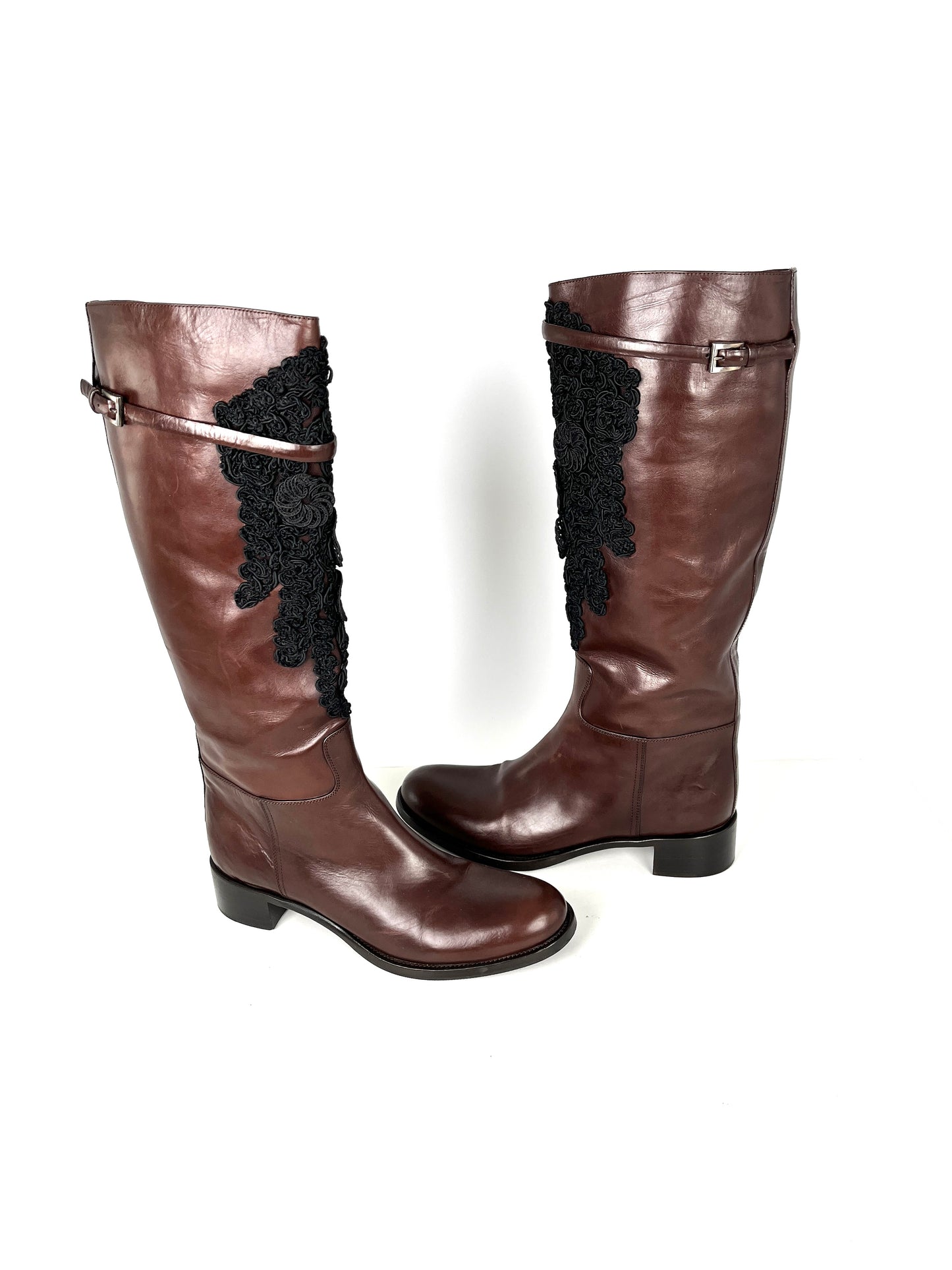 PRADA Soft Lux Ricami Dark Brown Black Leather Crochet Tall Knee Riding Boots 38, 8