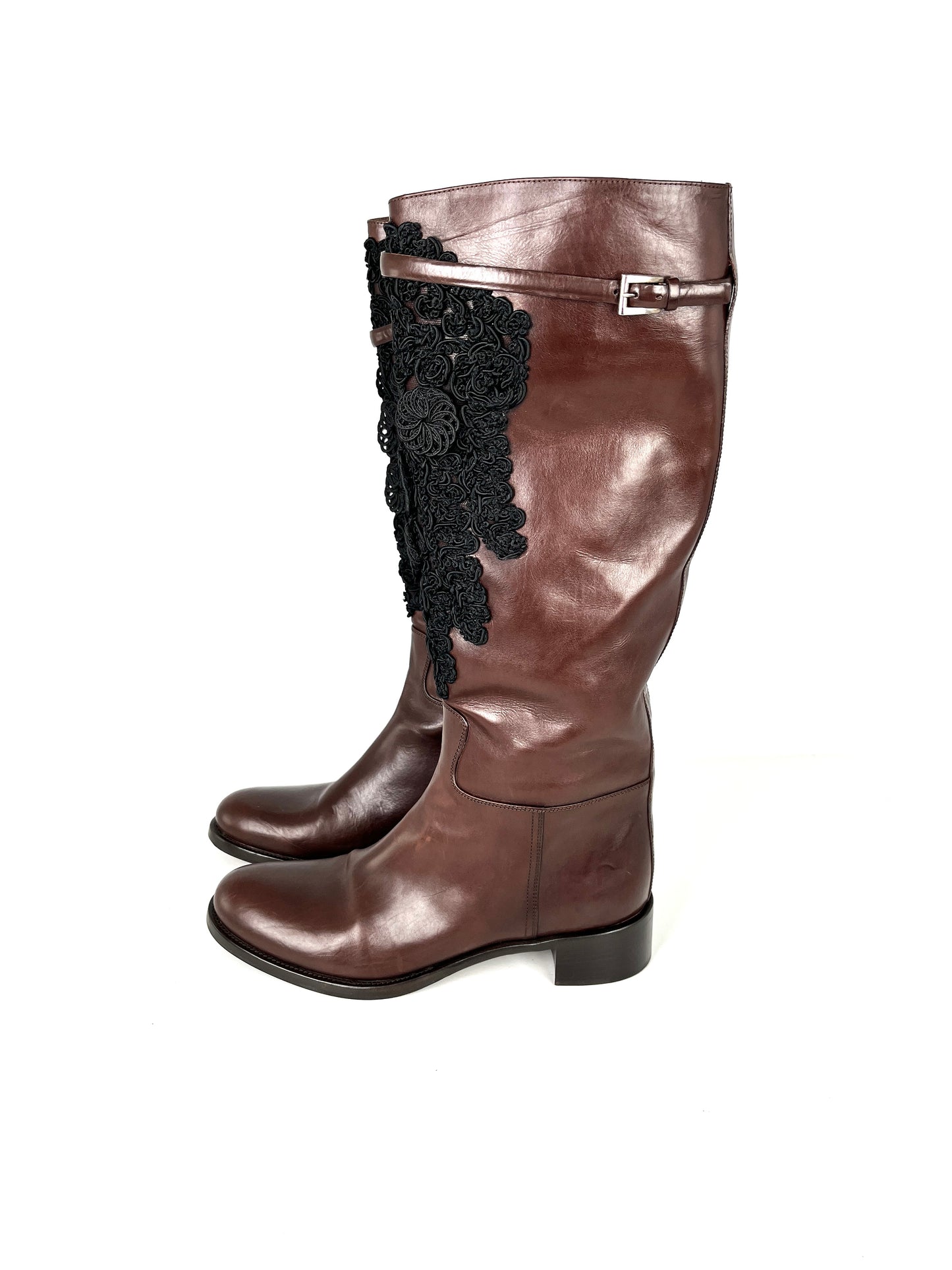 PRADA Soft Lux Ricami Dark Brown Black Leather Crochet Tall Knee Riding Boots 38, 8 Designer boots