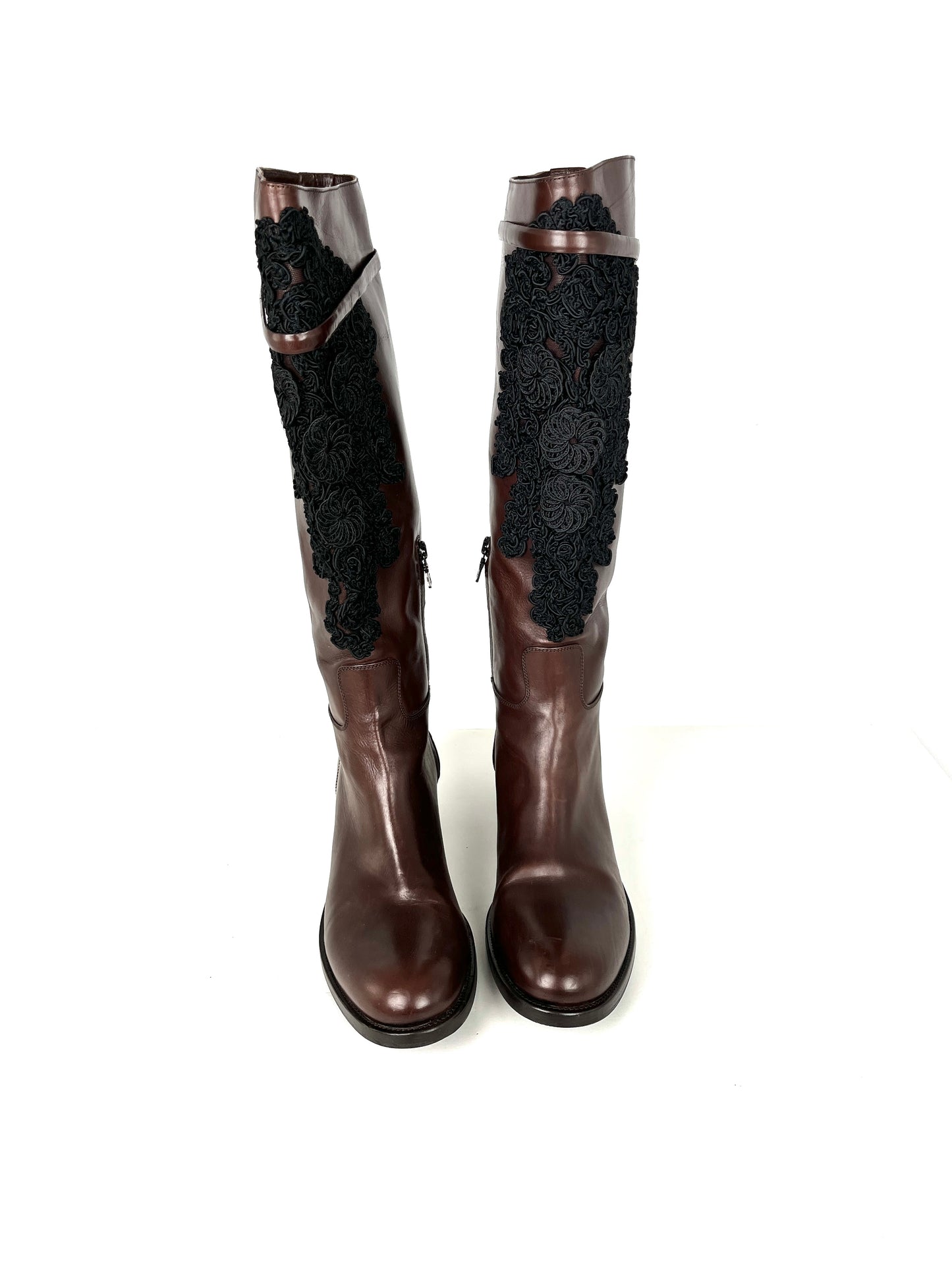 PRADA Soft Lux Ricami Dark Brown Black Leather Crochet Tall Knee Riding Boots 38, 8