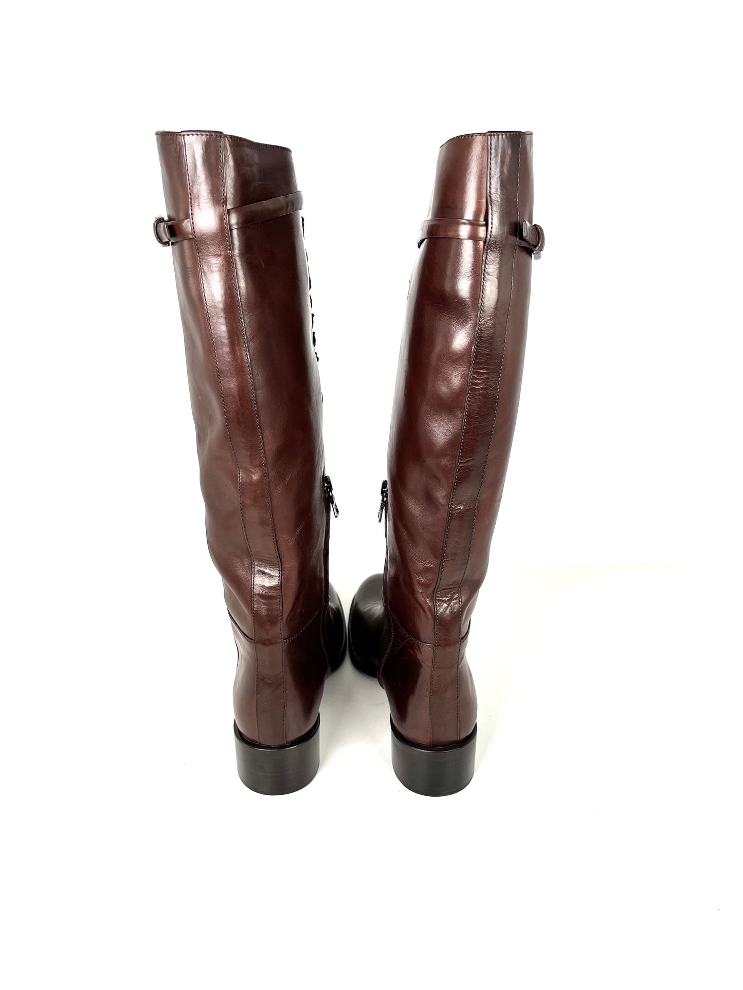 PRADA Soft Lux Ricami Dark Brown Black Leather Crochet Tall Knee Riding Boots 38, 8