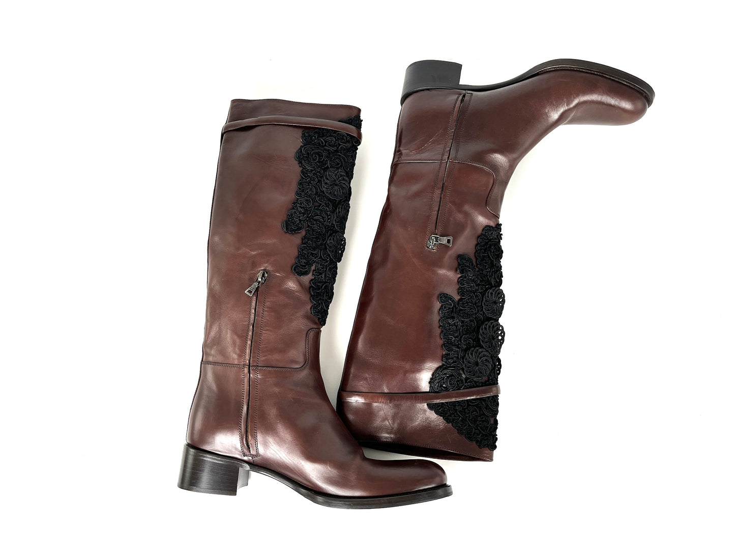 PRADA Soft Lux Ricami Dark Brown Black Leather Crochet Tall Knee Riding Boots 38, 8