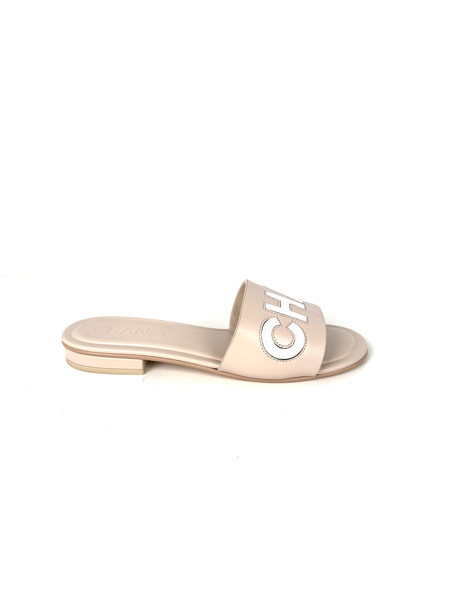 CHANEL Print Logo Neutral White Slip on Leather Slide Sandals 38 7.5 lowest prices