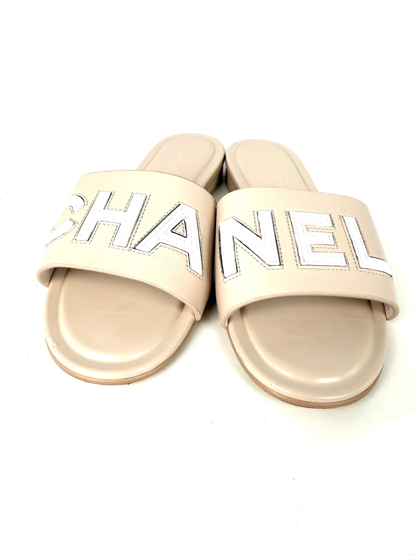 CHANEL Print Logo Neutral White Slip on Leather Slide Sandals 38 7.5