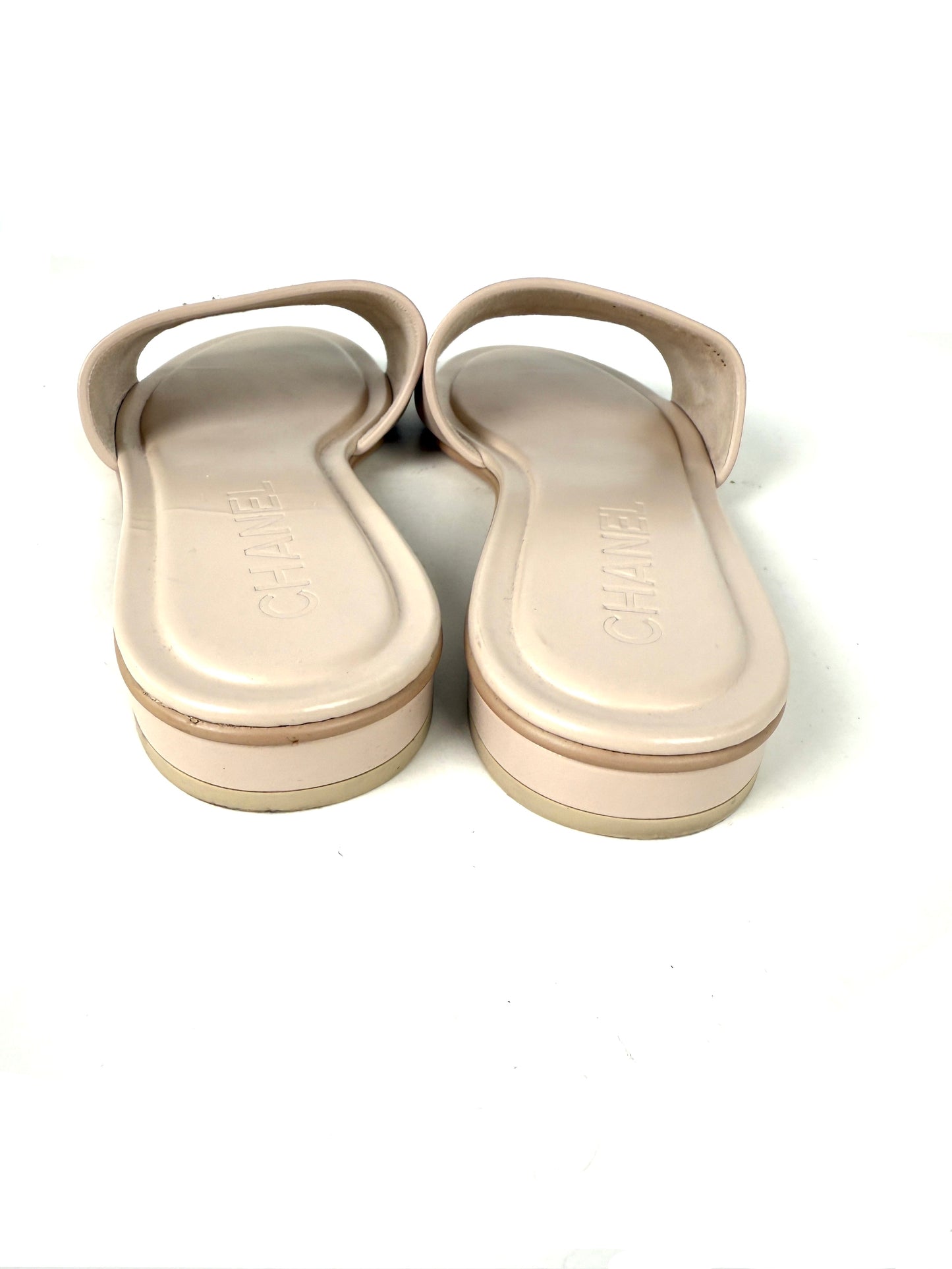 CHANEL Print Logo Neutral White Slip on Leather Slide Sandals 38 7.5
