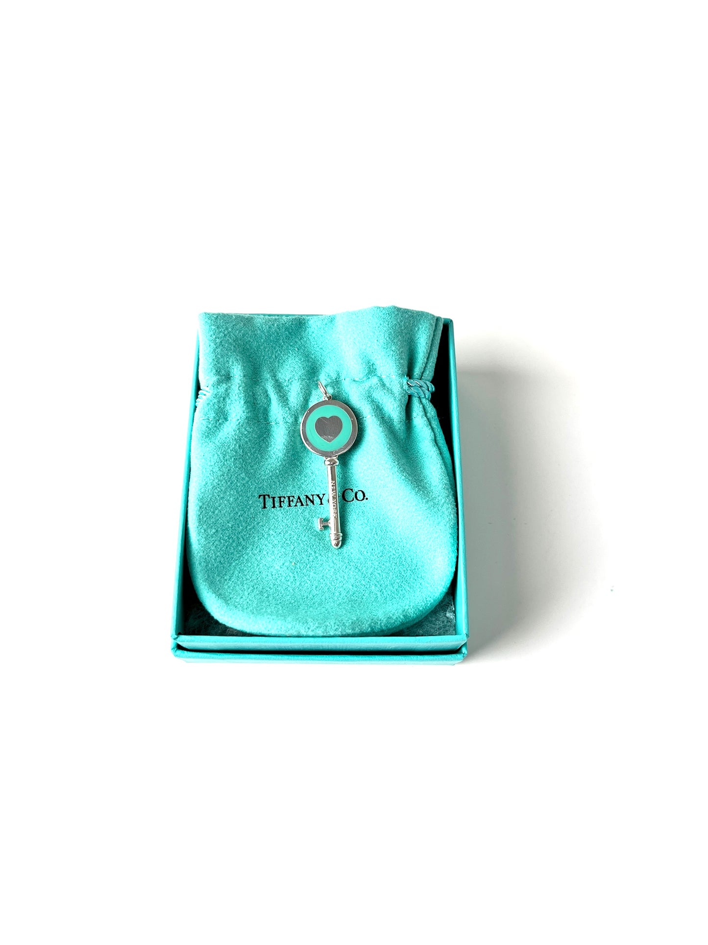 Tiffany & Co Key Enamel Blue Heart Sterling Silver Tag Charm Pendant