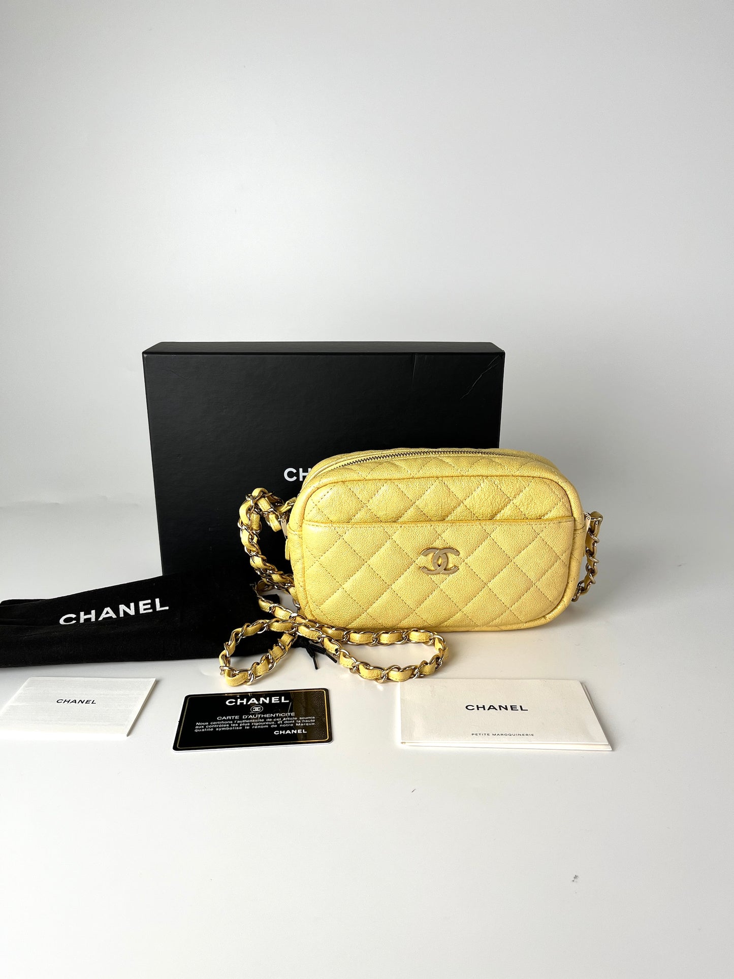 CHANEL Iridescent Yellow Caviar Leather Camera Case Crossbody Bag