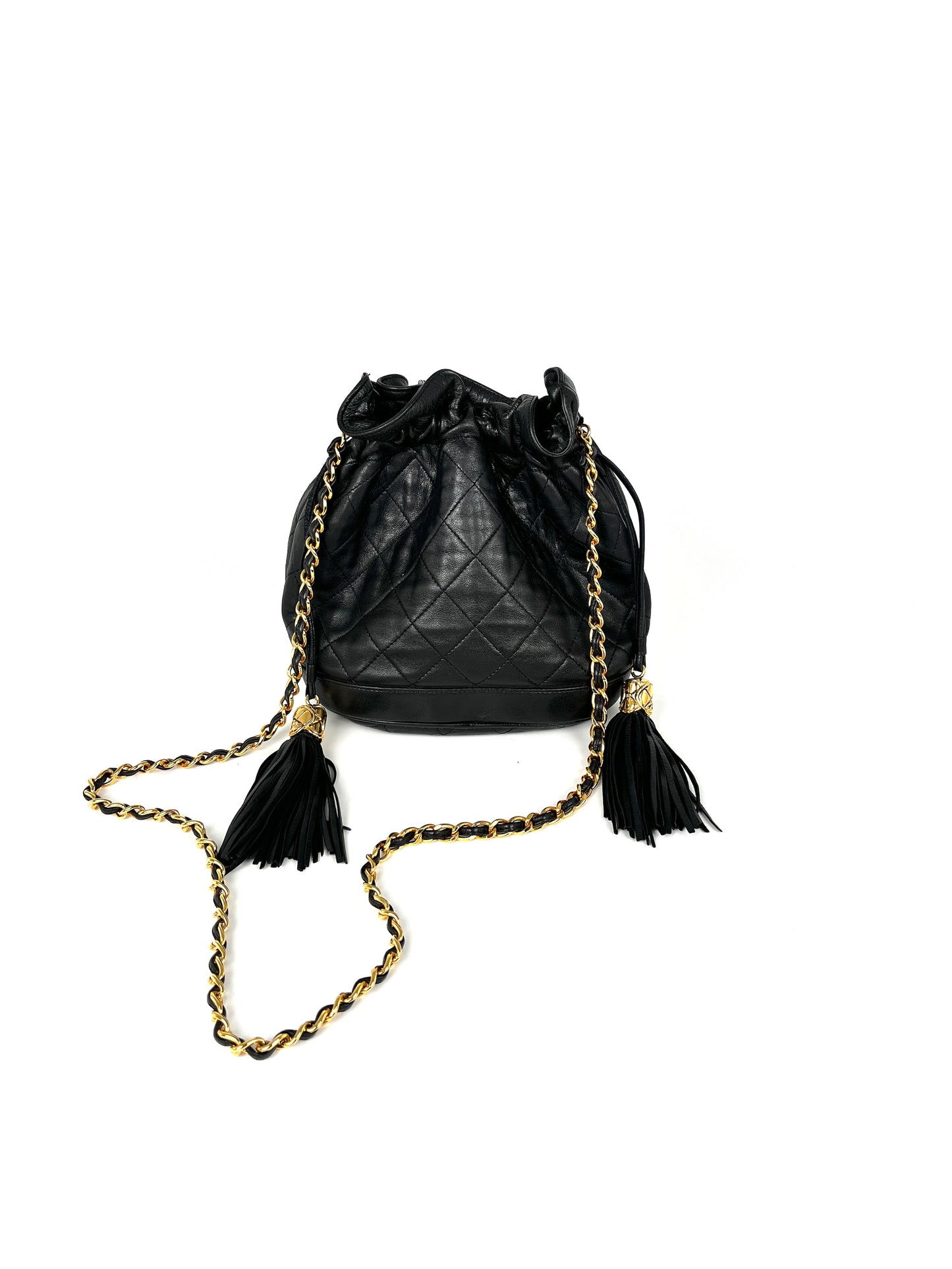Vintage CHANEL 24k Gold Black Lambskin Leather Quilted Bucket Shoulder Bag Consignment near me