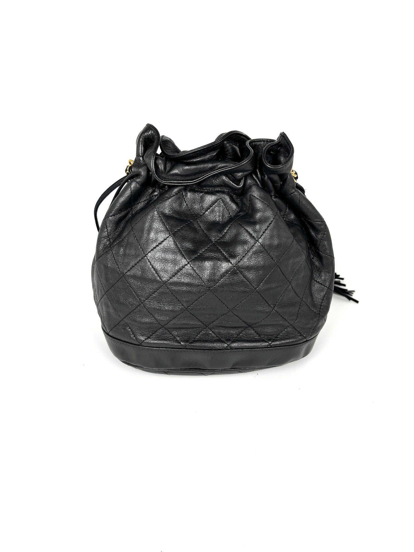 Vintage CHANEL 24k Gold Black Lambskin Leather Quilted Bucket Shoulder Bag luxury consignment near me