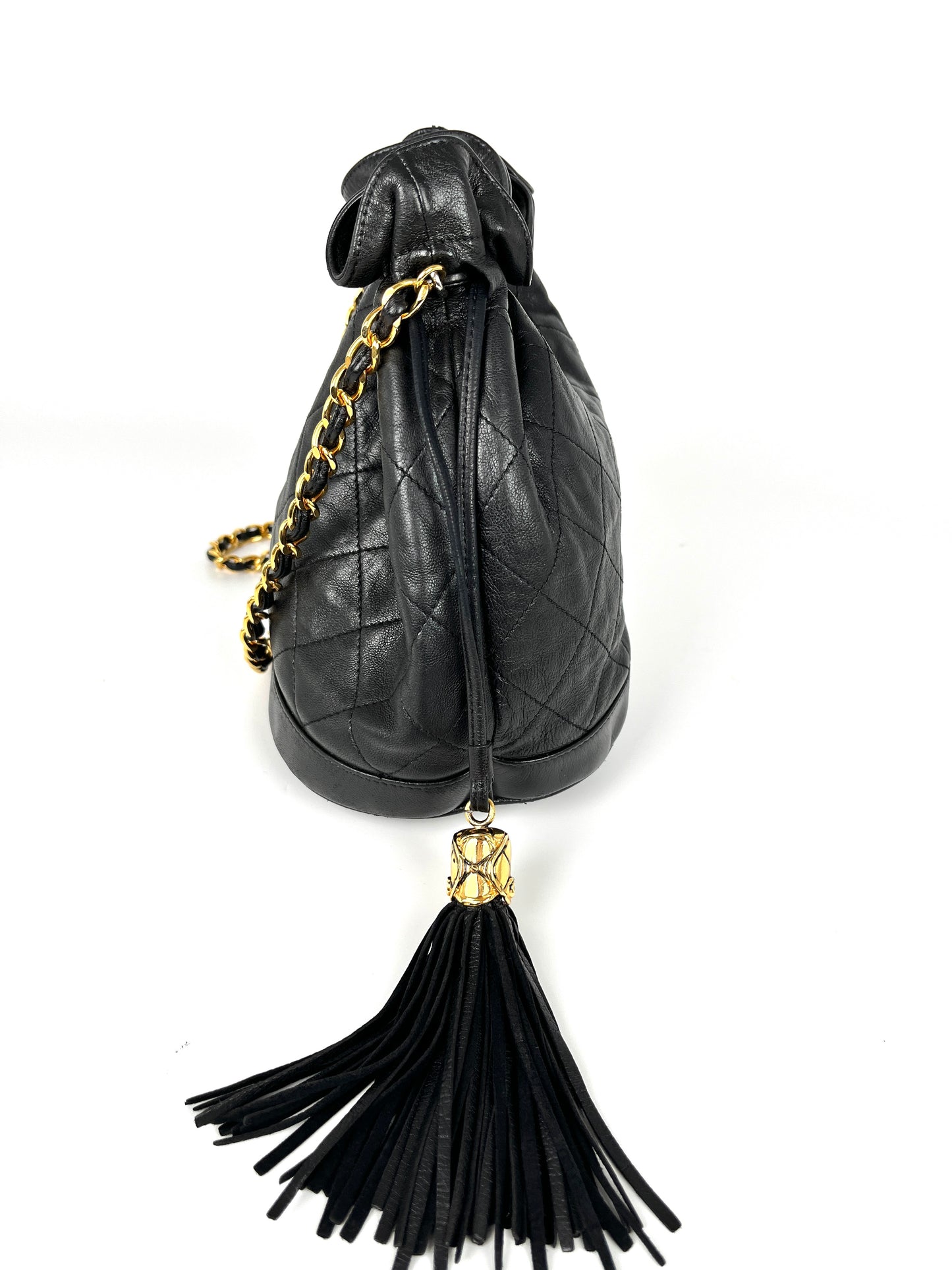 Vintage CHANEL 24k Gold Black Lambskin Leather Quilted Bucket Shoulder Bag