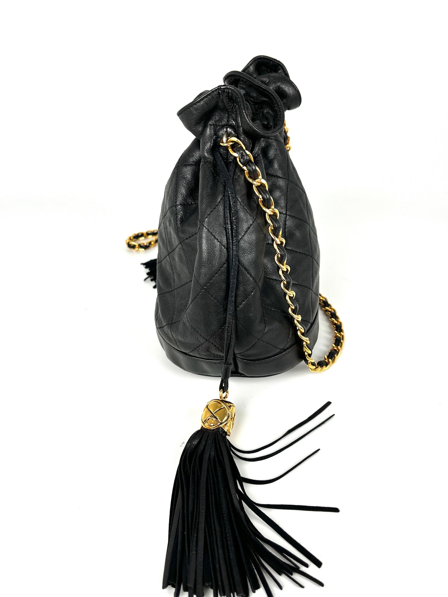 Vintage CHANEL 24k Gold Black Lambskin Leather Quilted Bucket Shoulder Bag