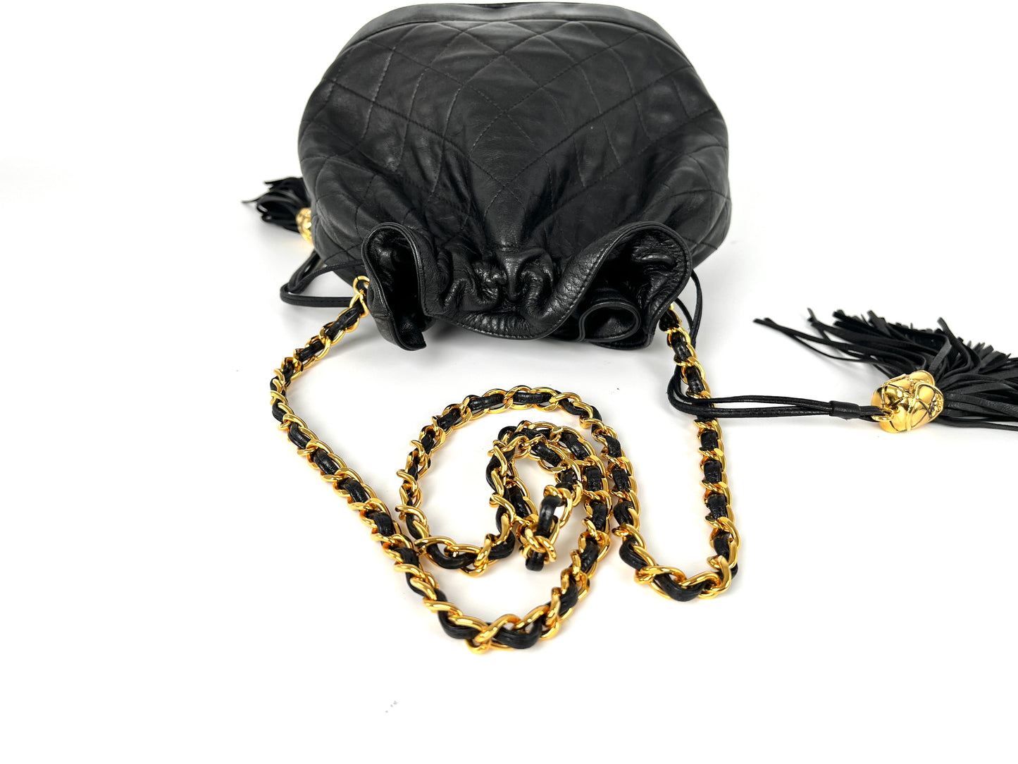 Vintage CHANEL 24k Gold Black Lambskin Leather Quilted Bucket Shoulder Bag