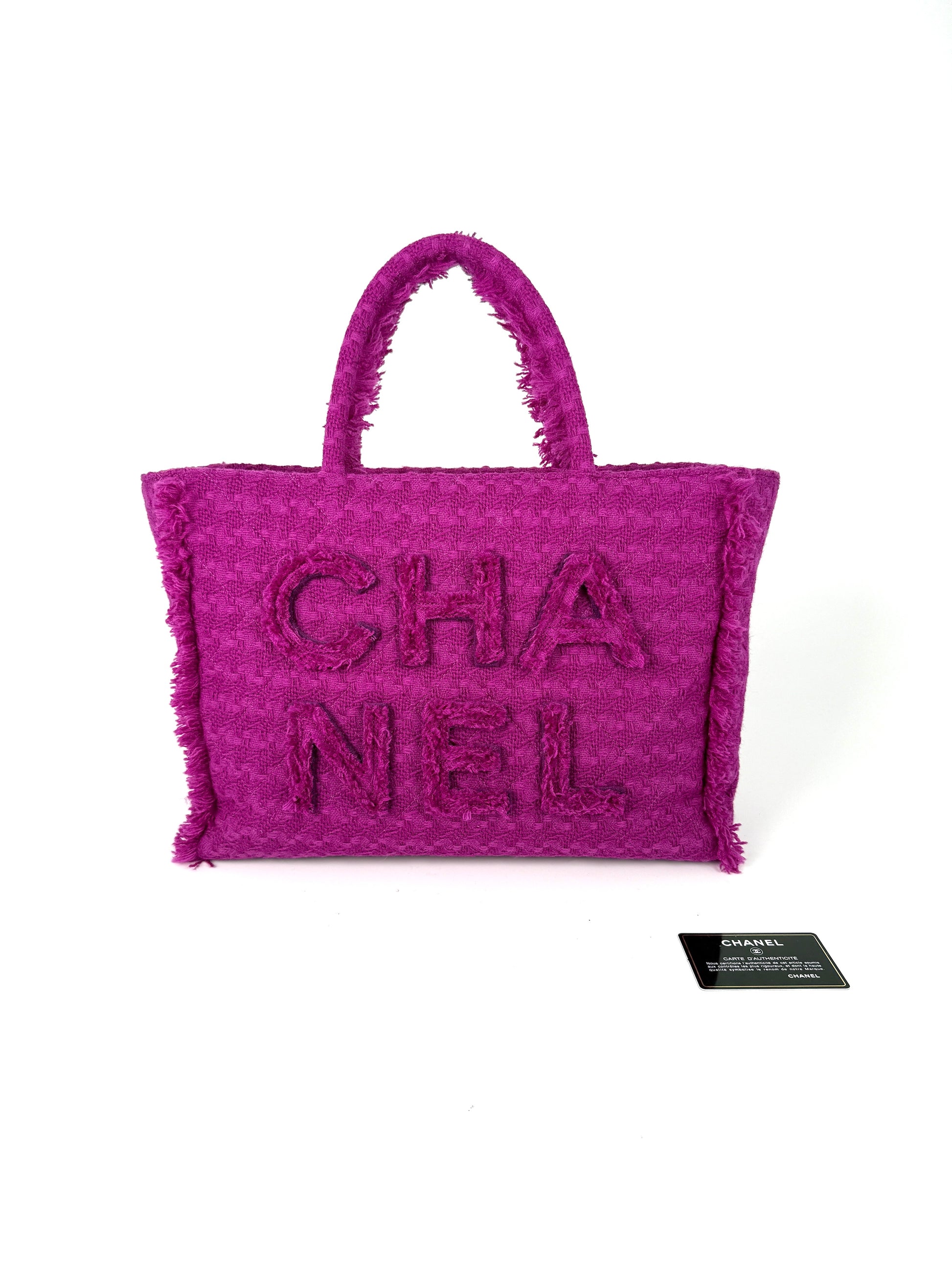 CHANEL Wool Tweed Giant Logo Purple Zip Shopping Tote Luxury consignment