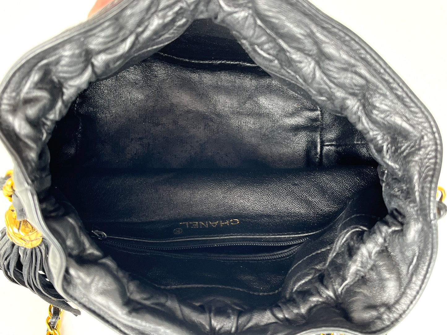 Vintage CHANEL 24k Gold Black Lambskin Leather Quilted Bucket Shoulder Bag