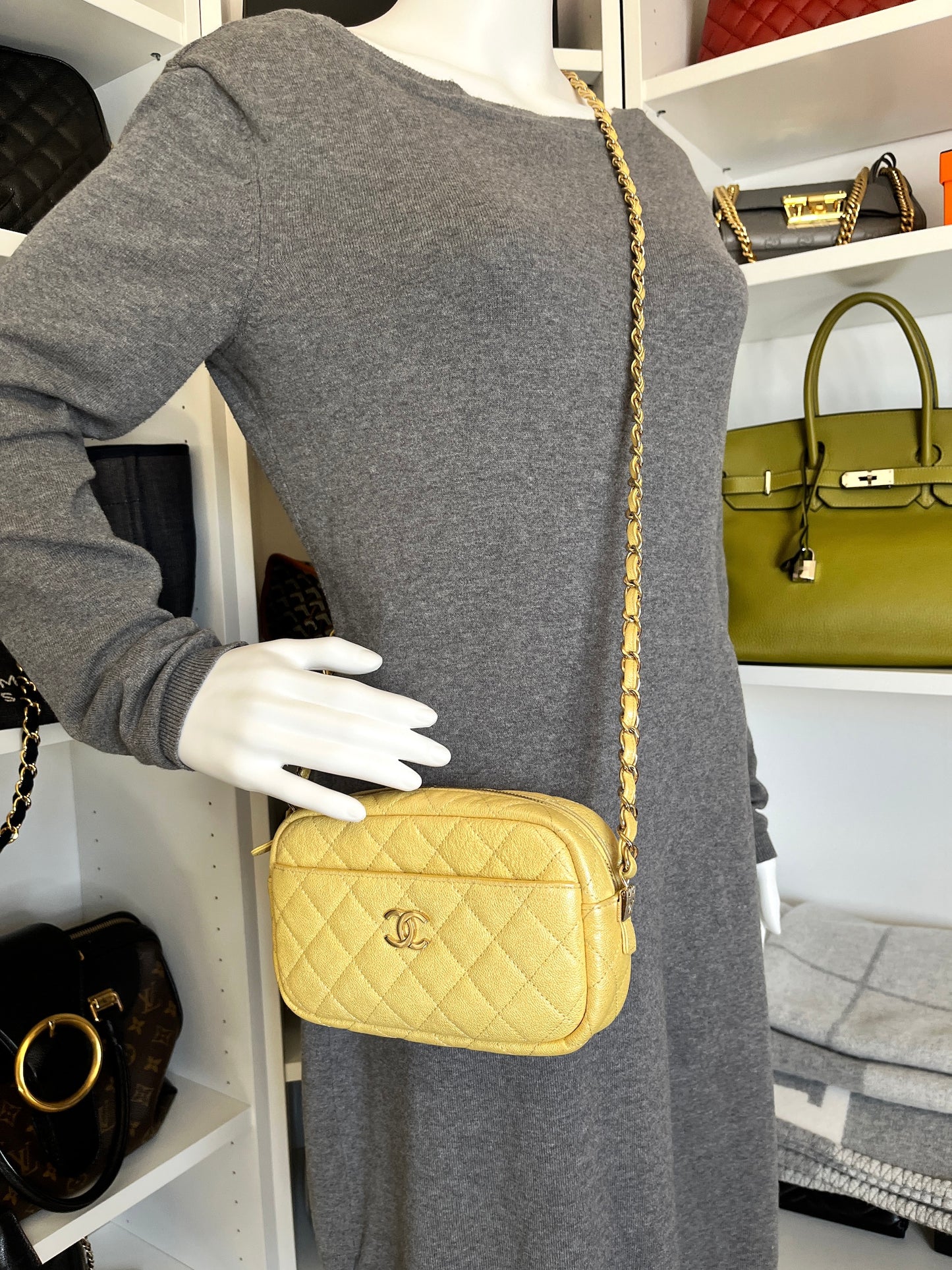 CHANEL Iridescent Yellow Caviar Leather Camera Case Crossbody Bag
