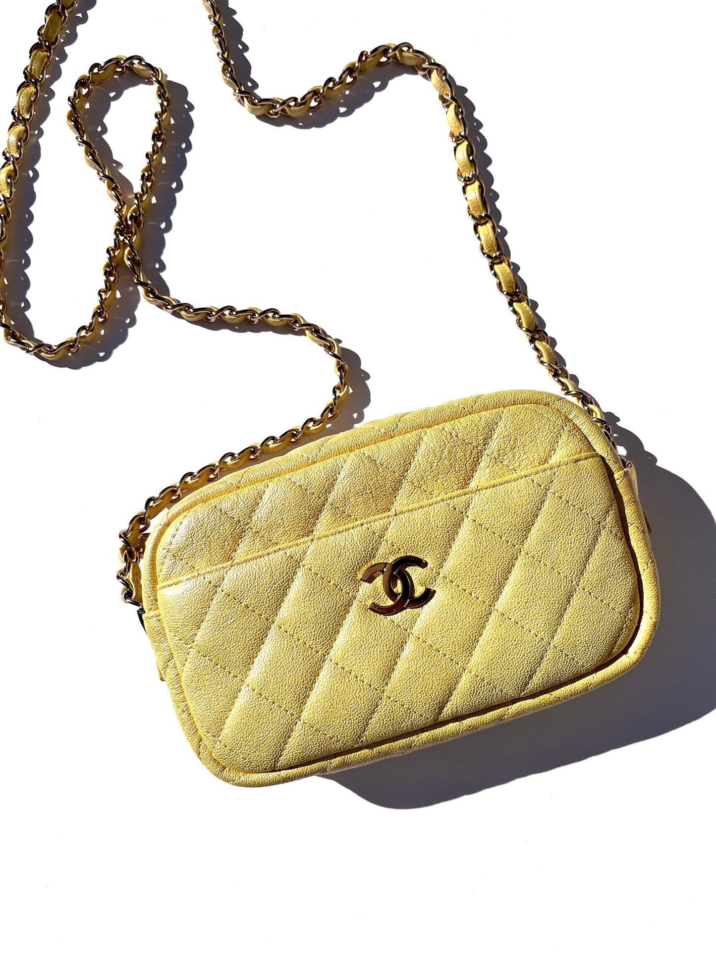CHANEL Iridescent Yellow Caviar Leather Camera Case Crossbody Bag