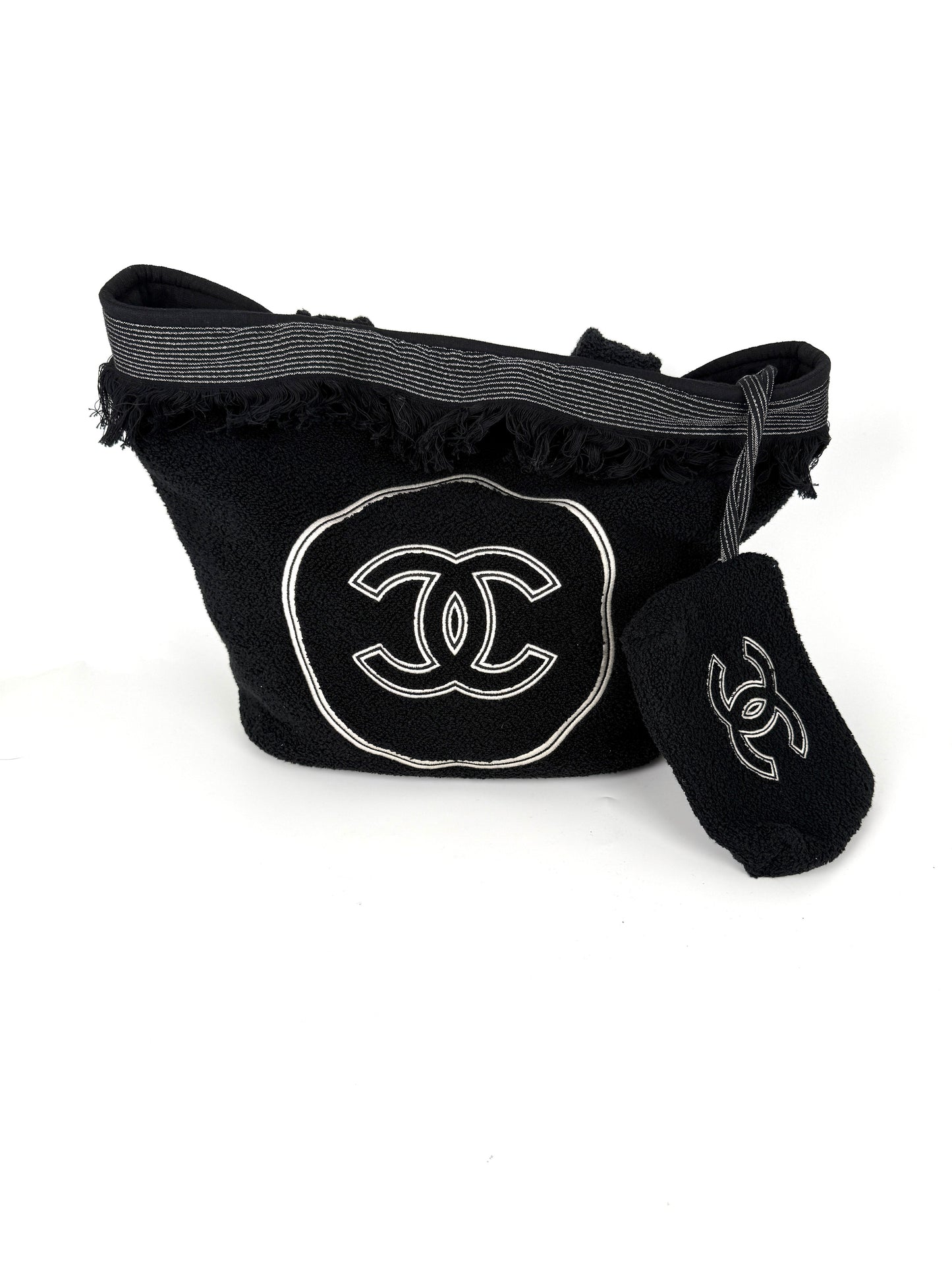CHANEL Terry Cotton Fringe CC Logo Black Ecru Beach Shopping Tote with Pouch and Towel