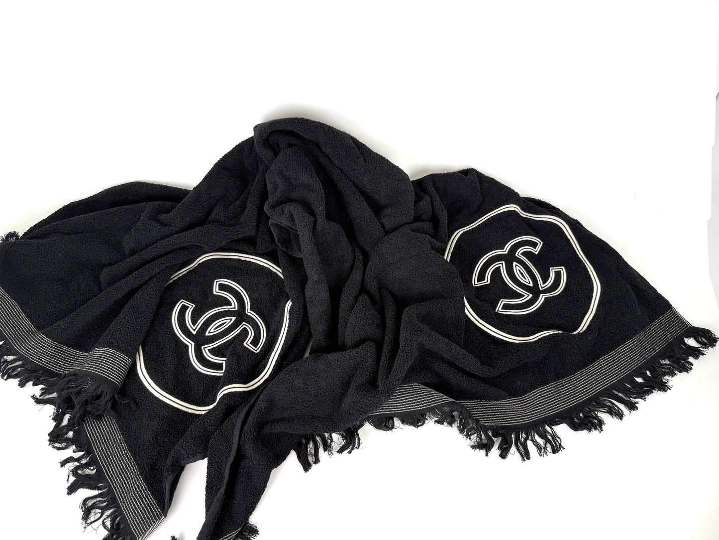 CHANEL Terry Cotton Fringe CC Logo Black Ecru Beach Shopping Tote with Pouch and Towel