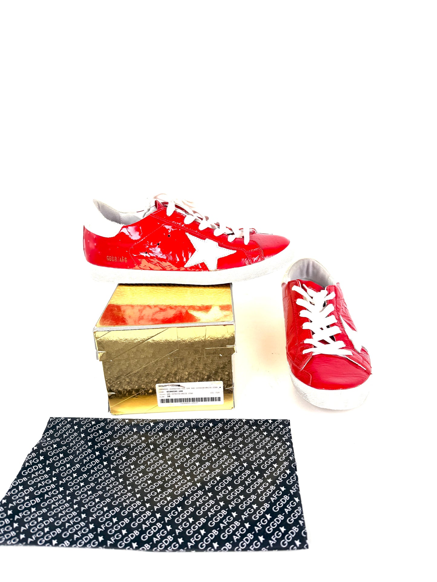 GOLDEN GOOSE Superstar Red Patent Ostrich White Sneakers 38, 8