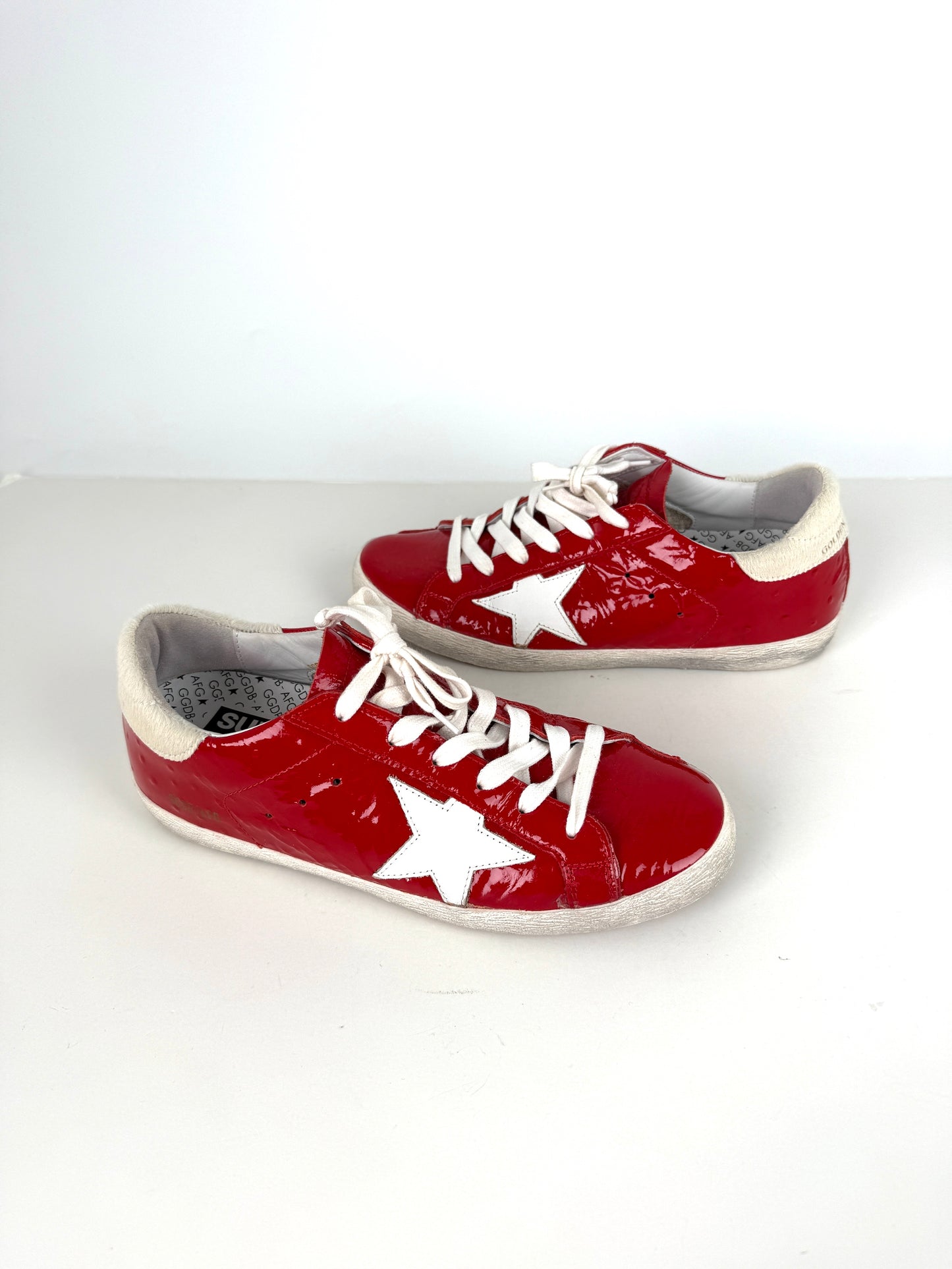 GOLDEN GOOSE Superstar Red Patent Ostrich White Sneakers 38, 8