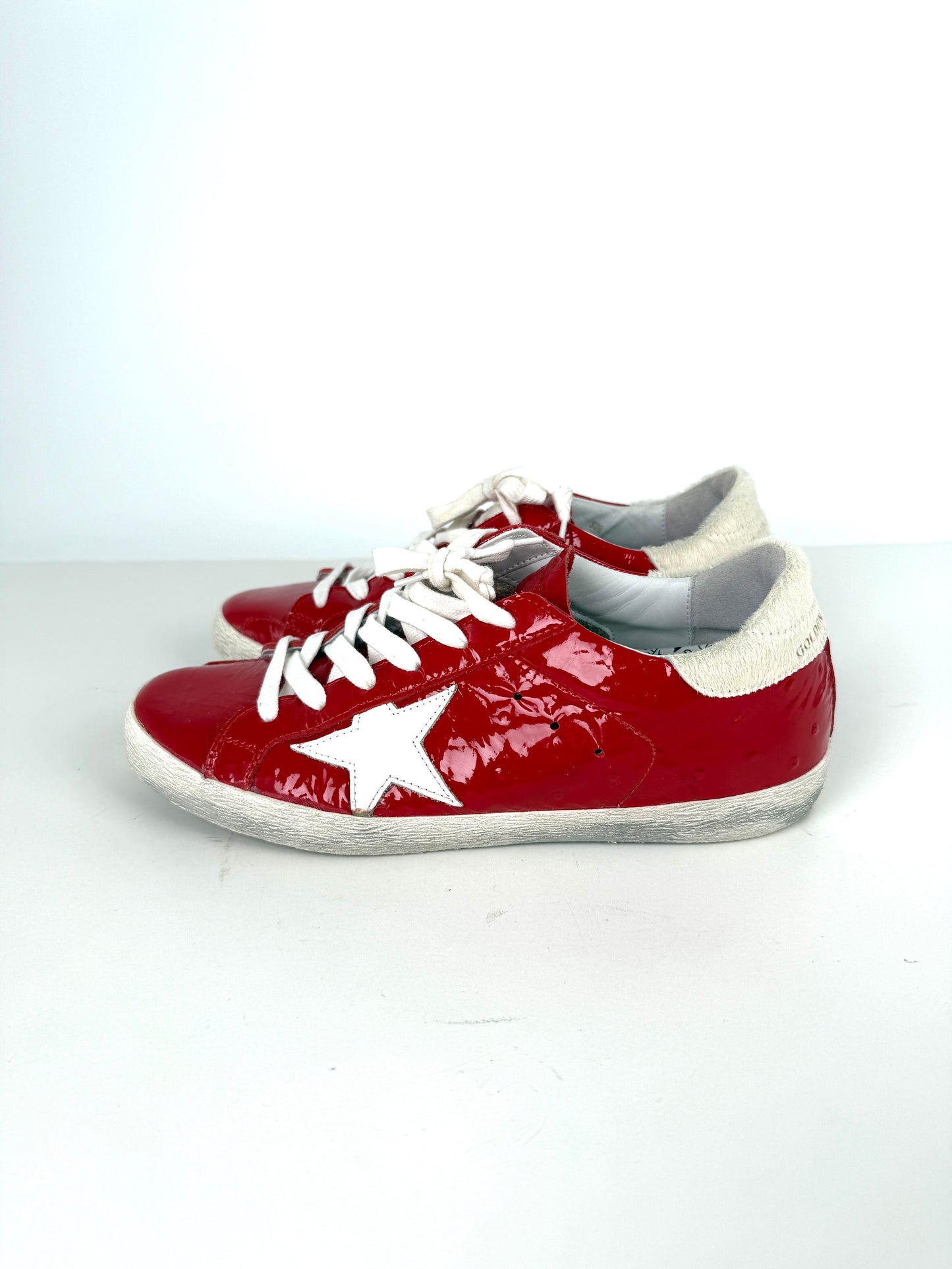 GOLDEN GOOSE Superstar Red Patent Ostrich White Sneakers 38, 8