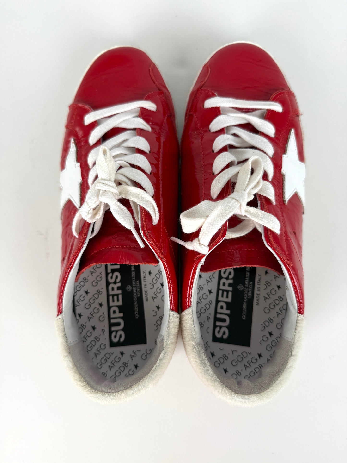 GOLDEN GOOSE Superstar Red Patent Ostrich White Sneakers 38, 8
