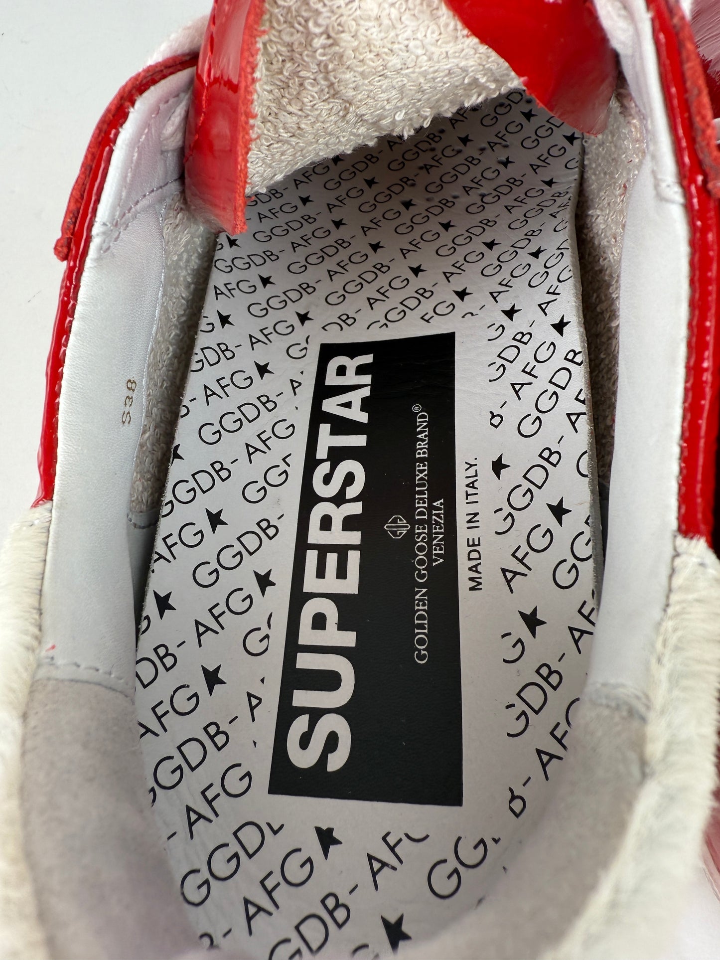 GOLDEN GOOSE Superstar Red Patent Ostrich White Sneakers 38, 8