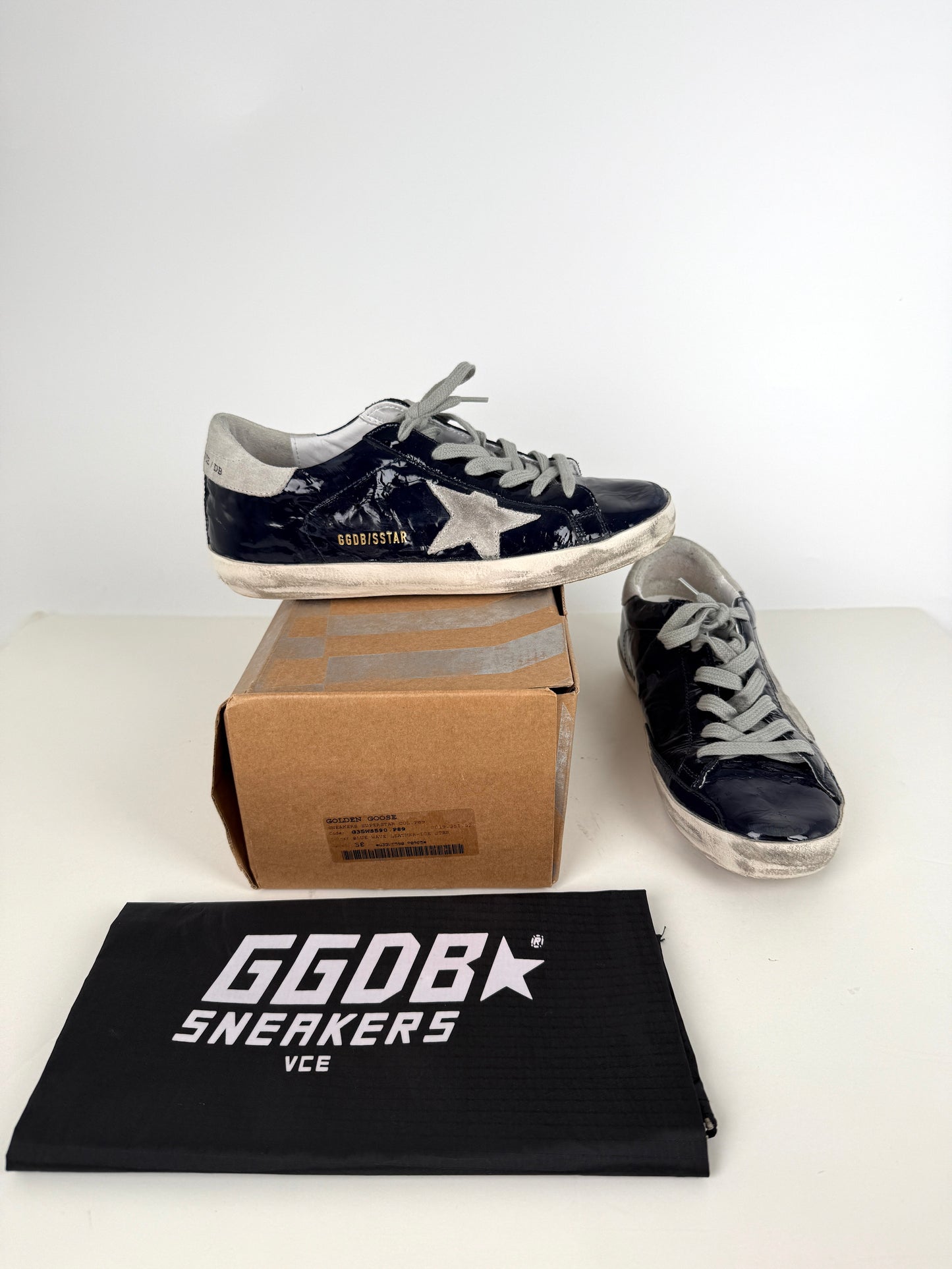 GOLDEN GOOSE Superstar Navy Blue Patent Gray Sneakers 38, 8