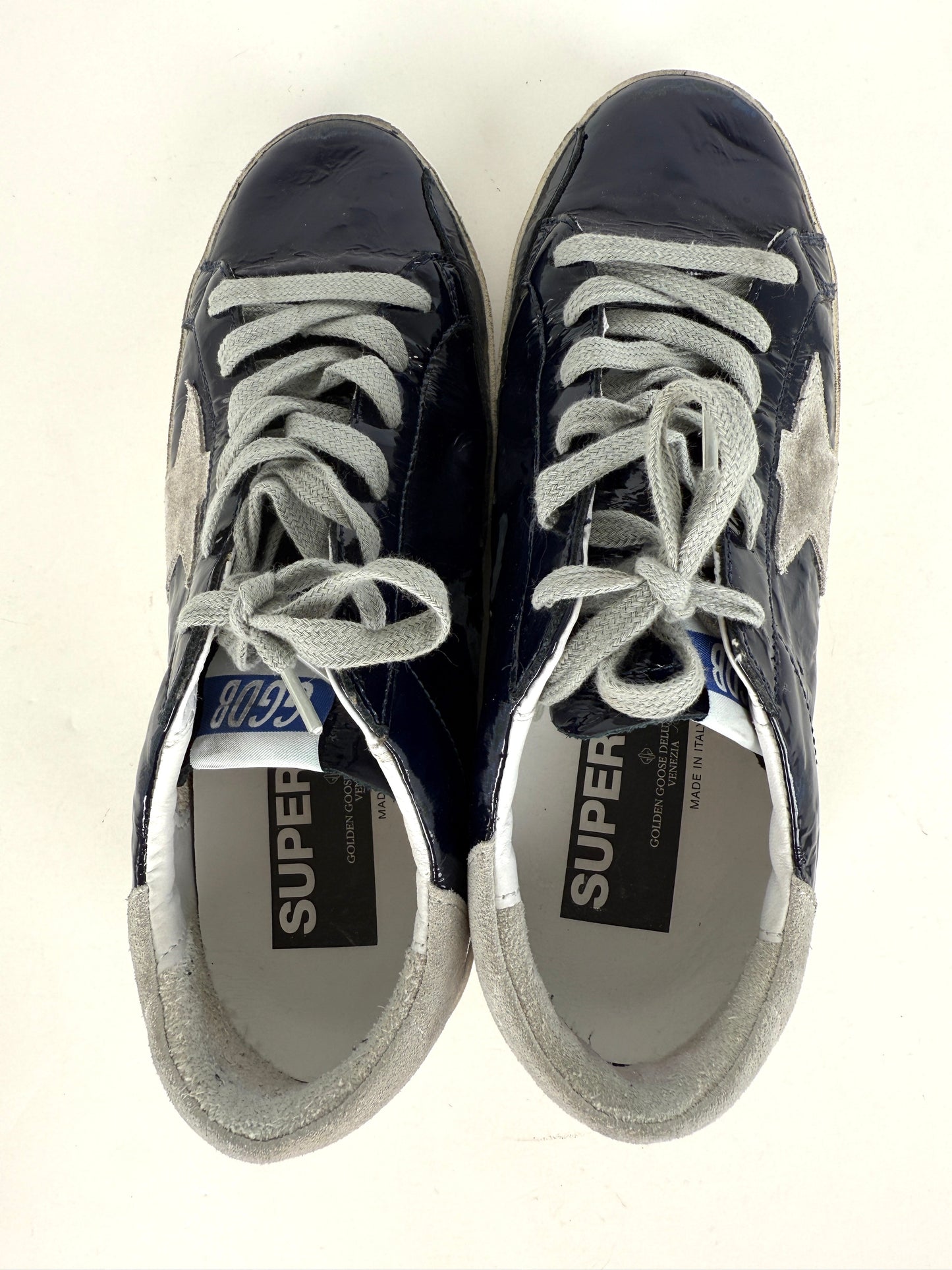GOLDEN GOOSE Superstar Navy Blue Patent Gray Sneakers 38, 8