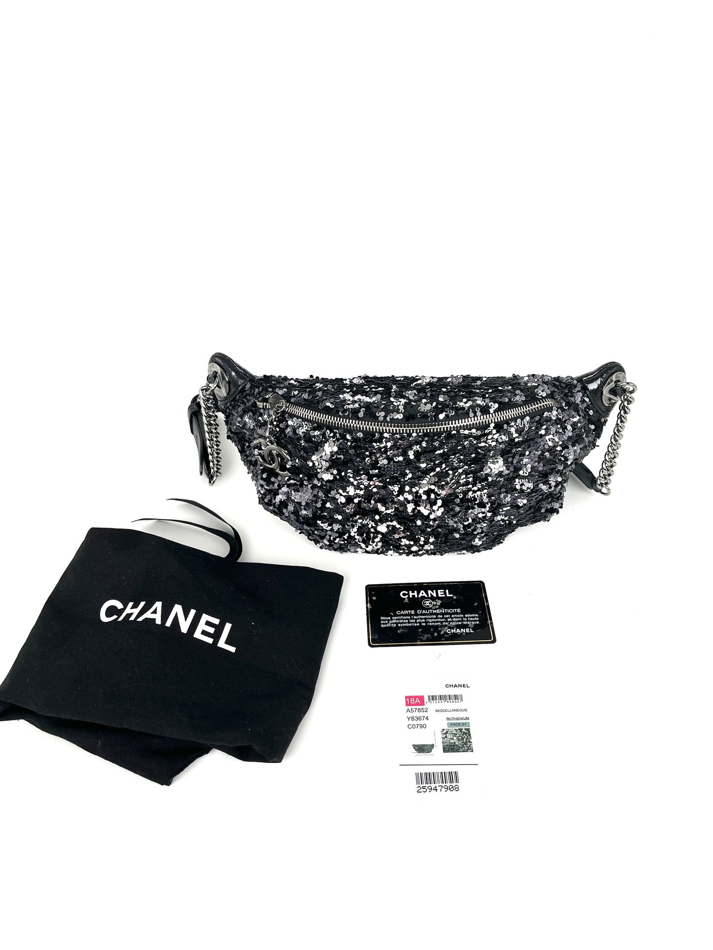CHANEL Sequin Glazed Calfskin Black Silver 2018 Waist Fanny Bum Bag