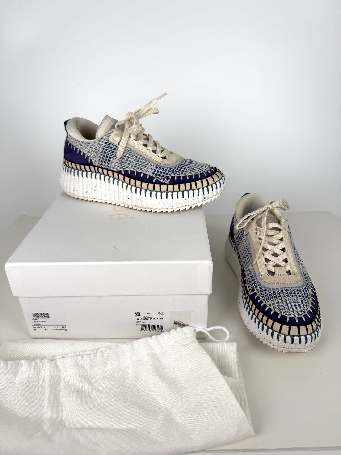 CHLOE Nama Stitch Walking Beige Cosmic Blue Sneakers 38, 7.5