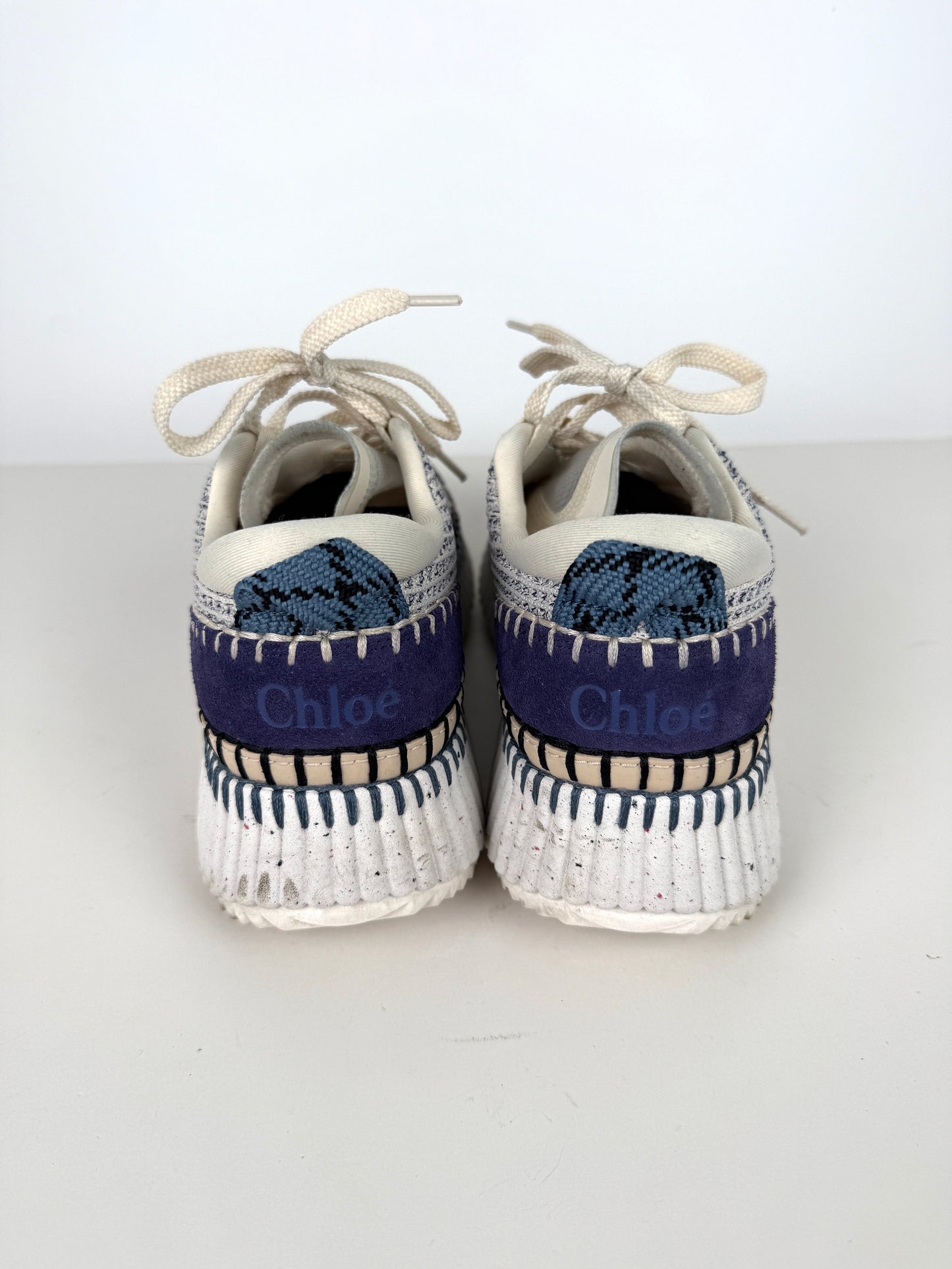 CHLOE Nama Stitch Walking Beige Cosmic Blue Sneakers 38, 7.5