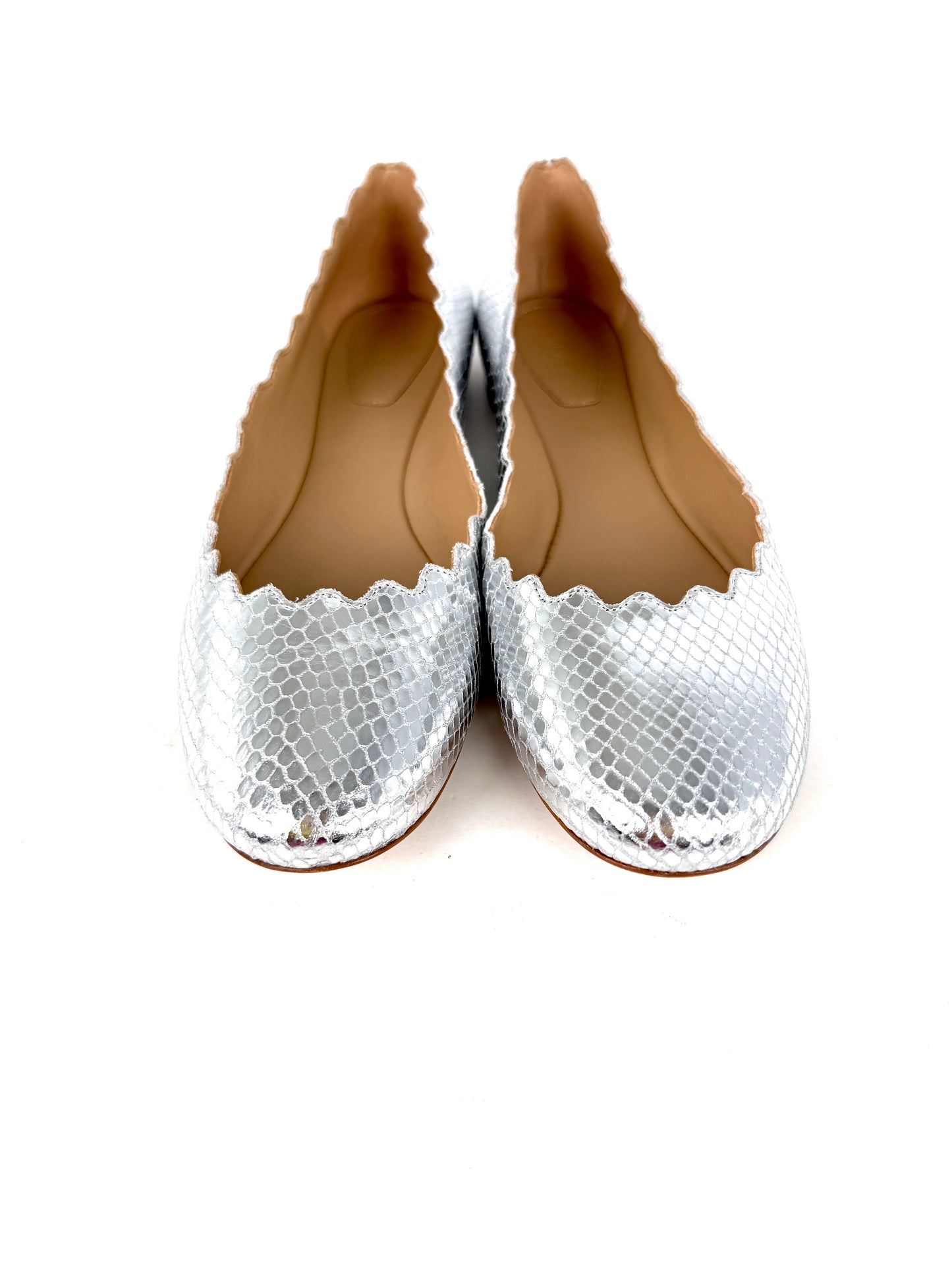 CHLOE Lauren Scalloped Ballet Silver Leather Flat Shoes 38, 7.5