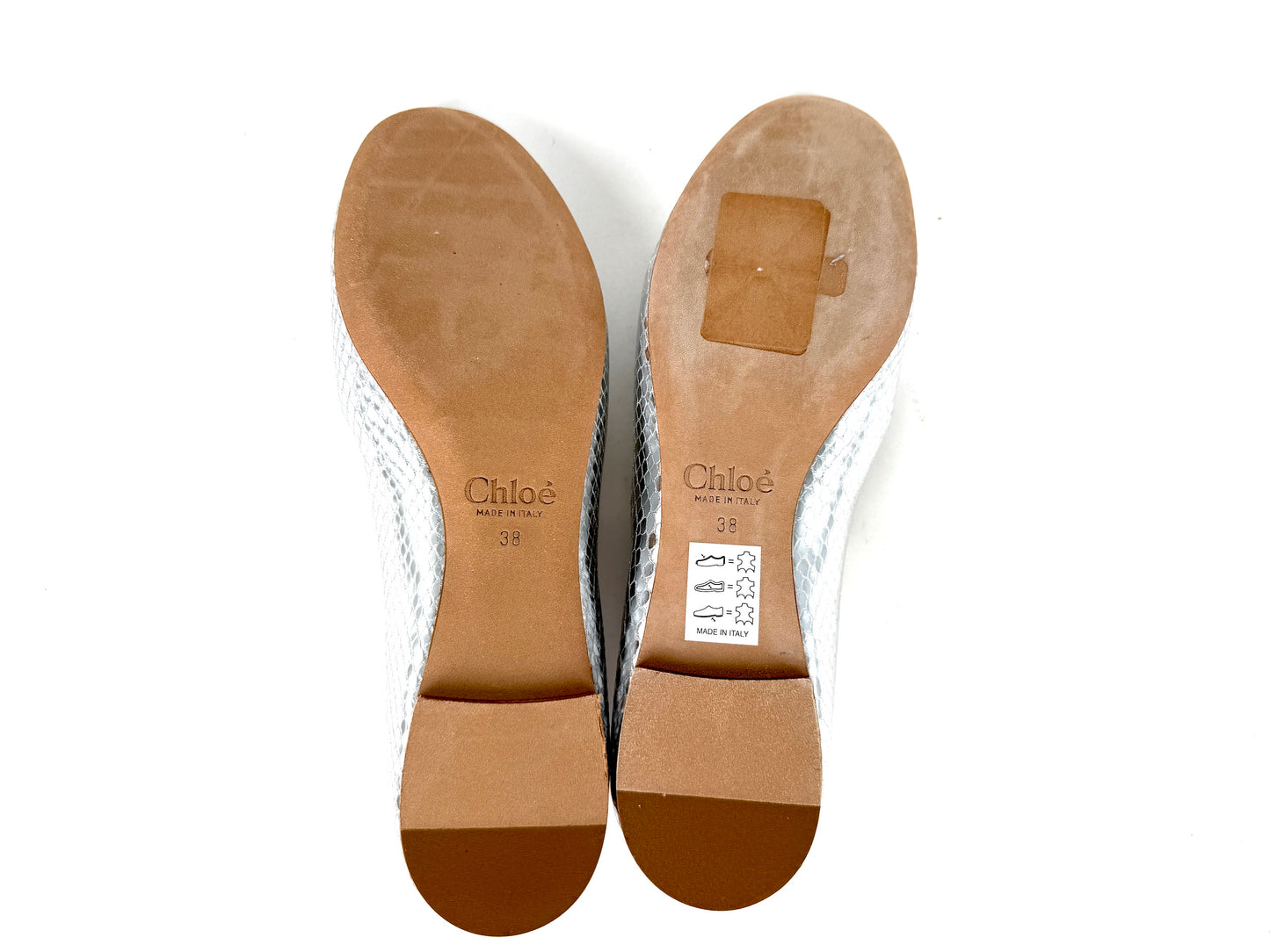 CHLOE Lauren Scalloped Ballet Silver Leather Flat Shoes 38, 7.5