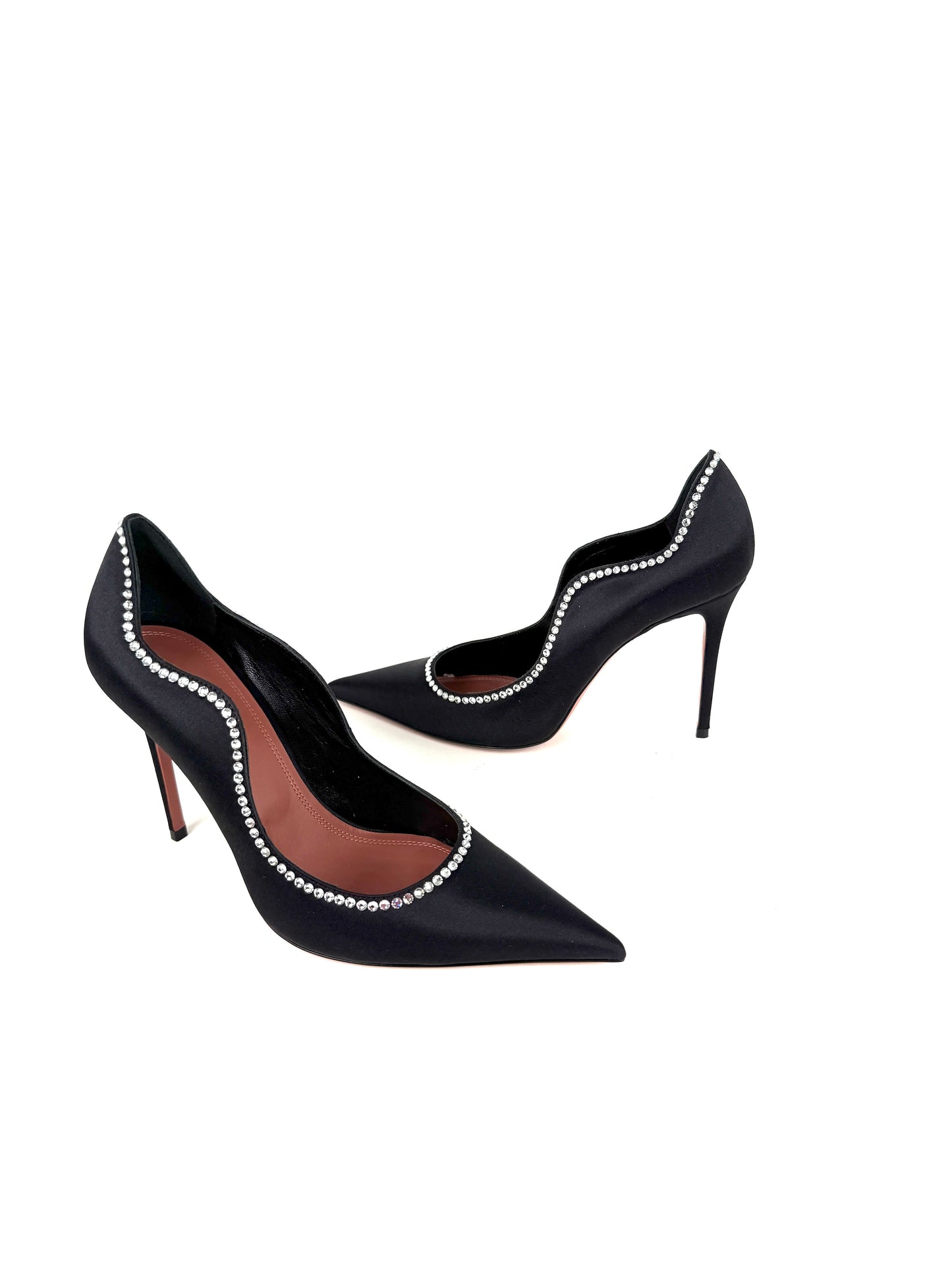 Amina Muaddi Romy Raso Crystal Black Satin Pumps 38, 7.5